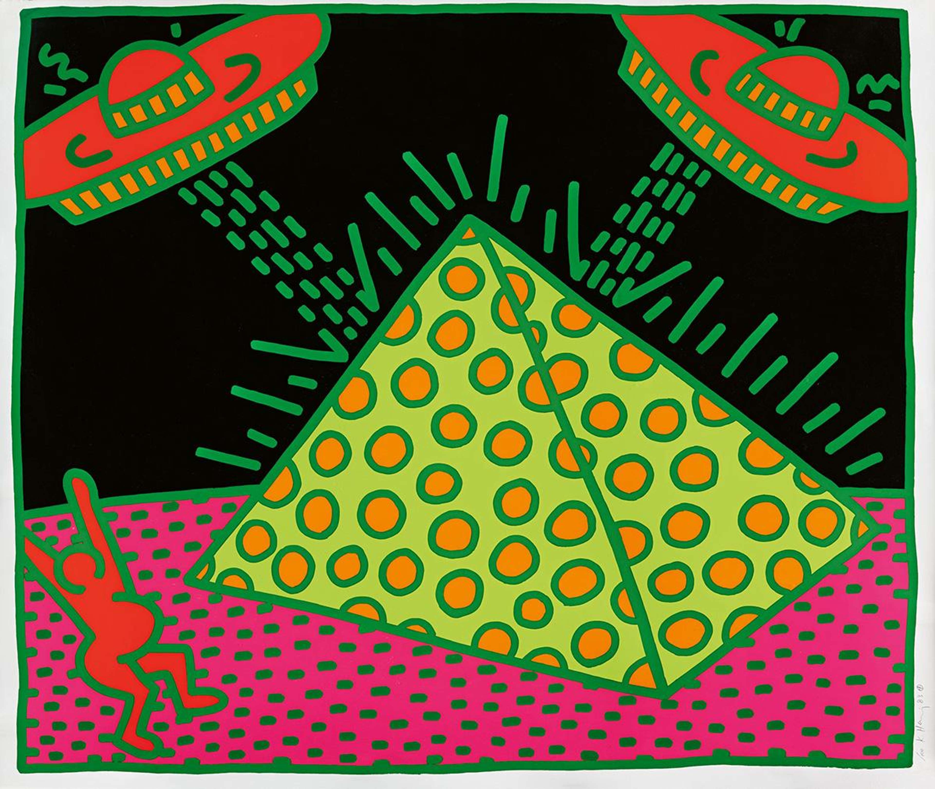 Une sérigraphie de Keith Haring représentant une pyramide jaune fluorescent et verte prise pour cible par deux soucoupes volantes.