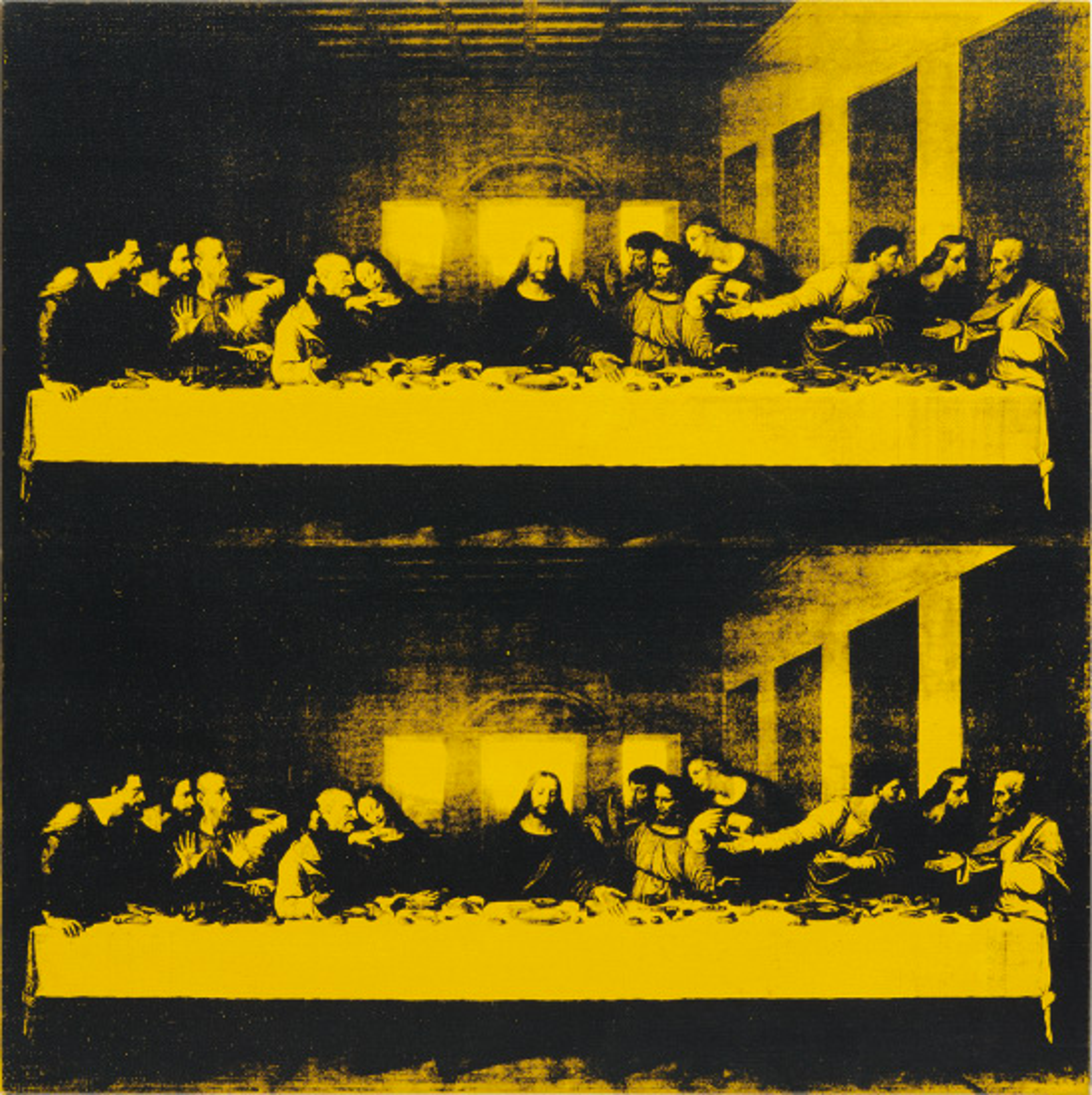Une image d'une Cène duplicata par Léonard de Vinci, recréée par Andy Warhol. La composition Renaissance est rendue en jaune et noir à fort contraste.