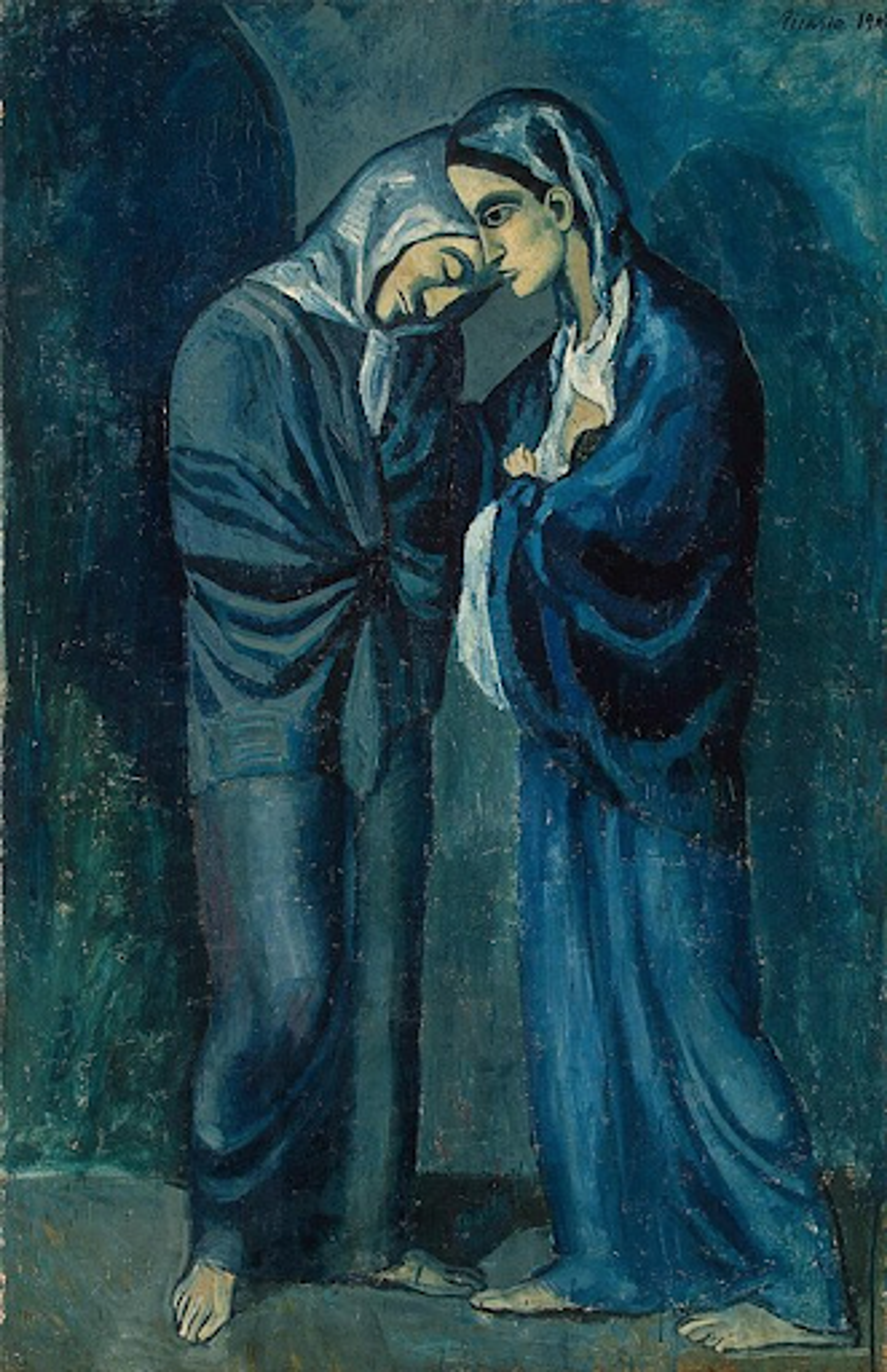 « L’Entrevue » de Pablo Picasso. Une peinture de la période bleue représentant deux femmes vêtues de bleu, debout l'une en face de l'autre, devant un mur bleu.
