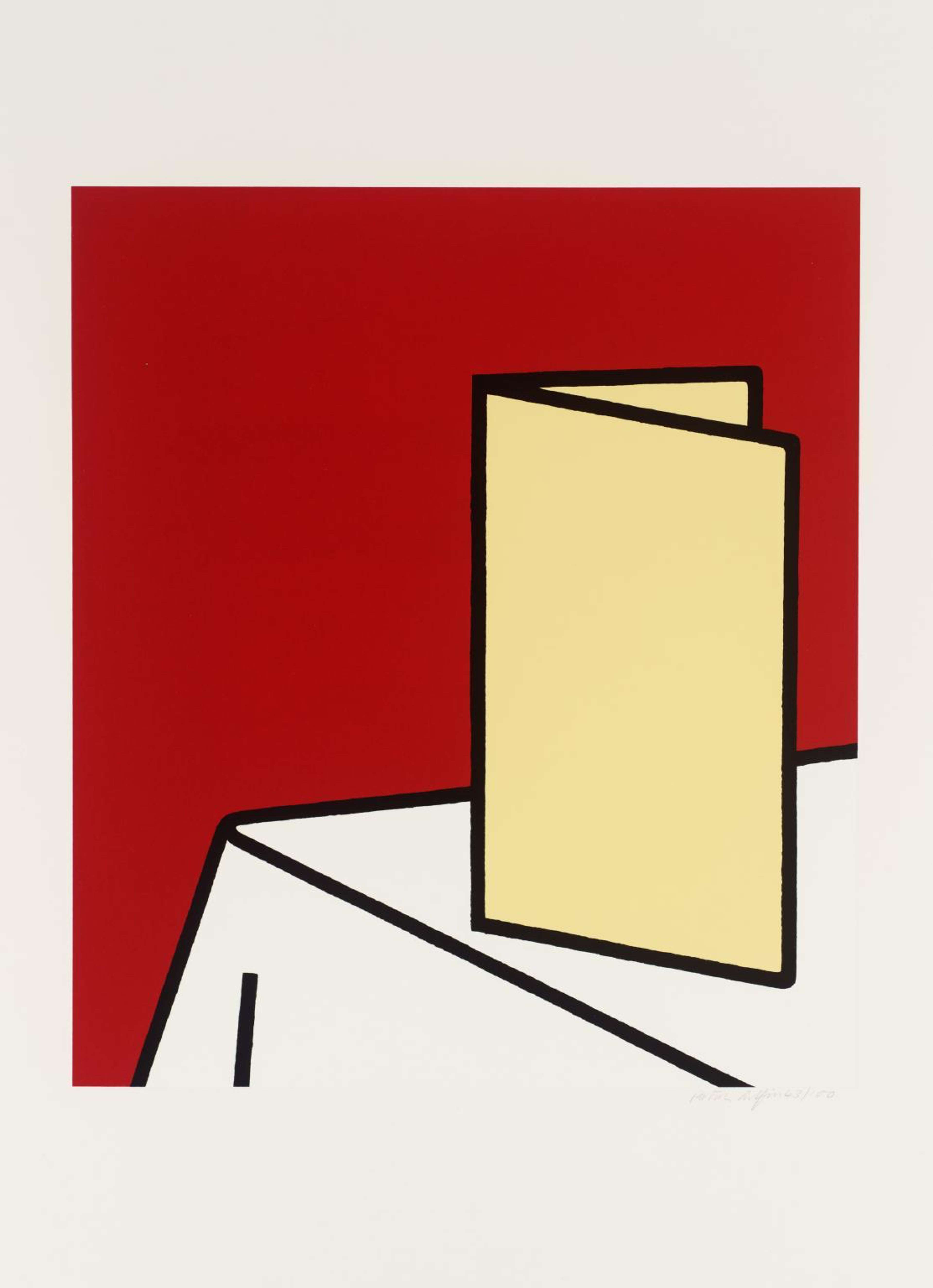 Estampe de l'artiste Patrick Caulfield représentant une nappe blanche et le coin d'une table sur laquelle repose un menu jaune pâle, le tout sur fond rouge.