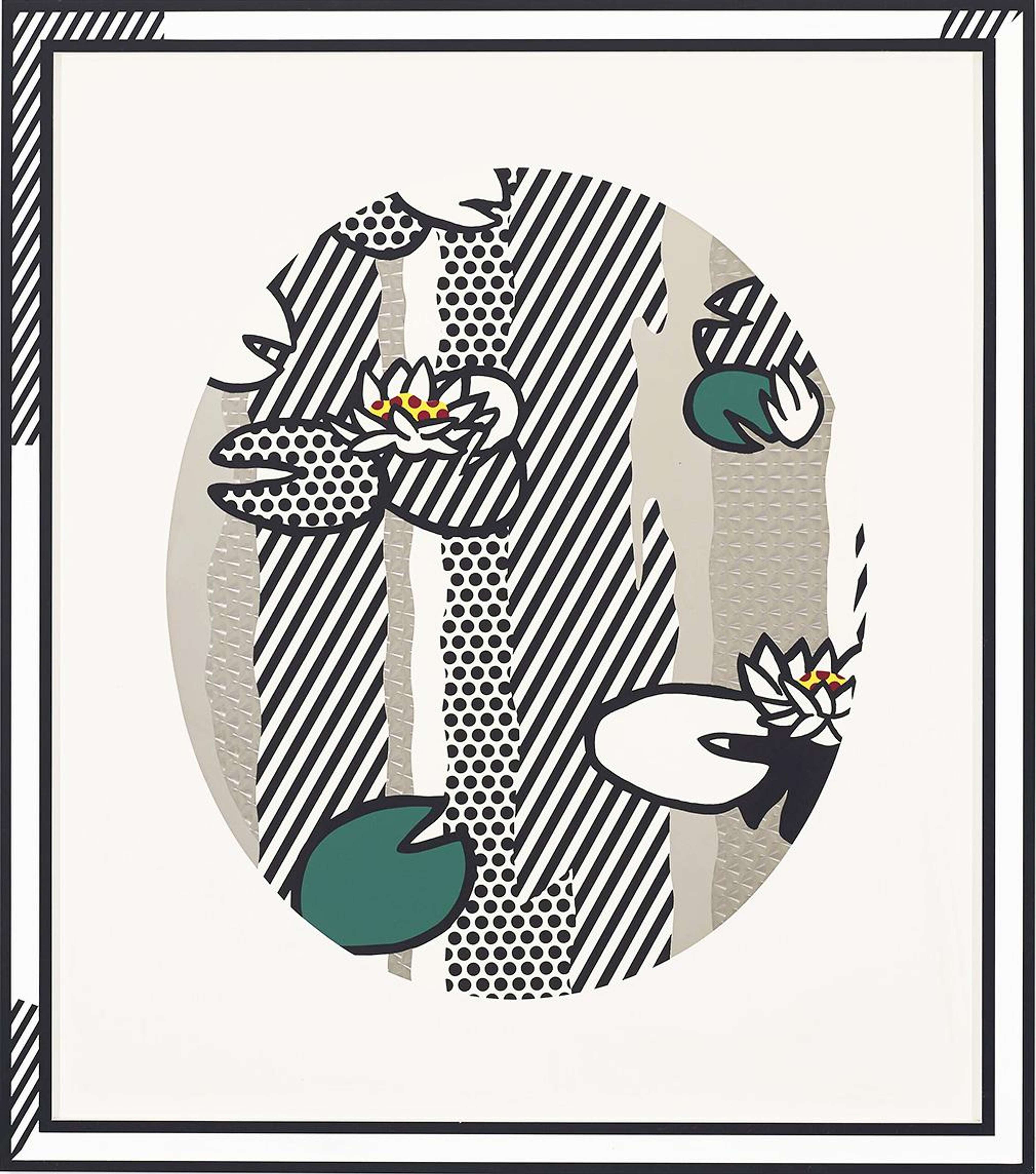 In Water Lilies – Pink Flower, Lichtenstein’s use of swirled reflective panels, layered forms, vertical panels of Ben Day dots, and diagonal lines combine to create the composition. The visuals suggest movement, light and shadow. 