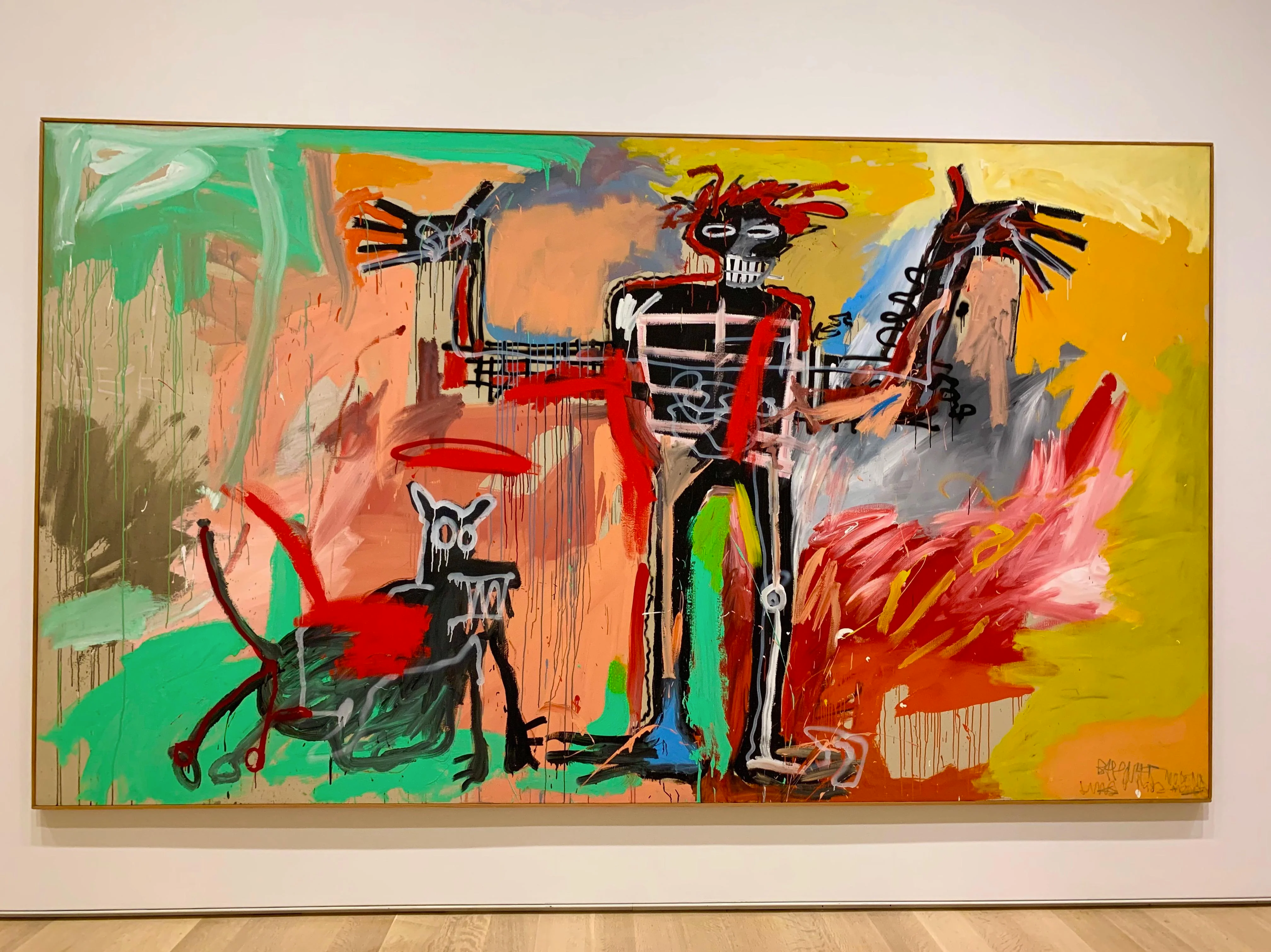 Ce tableau représente un garçon squelettique noir et un chien peints dans un style similaire, sur un fond rouge et orange.