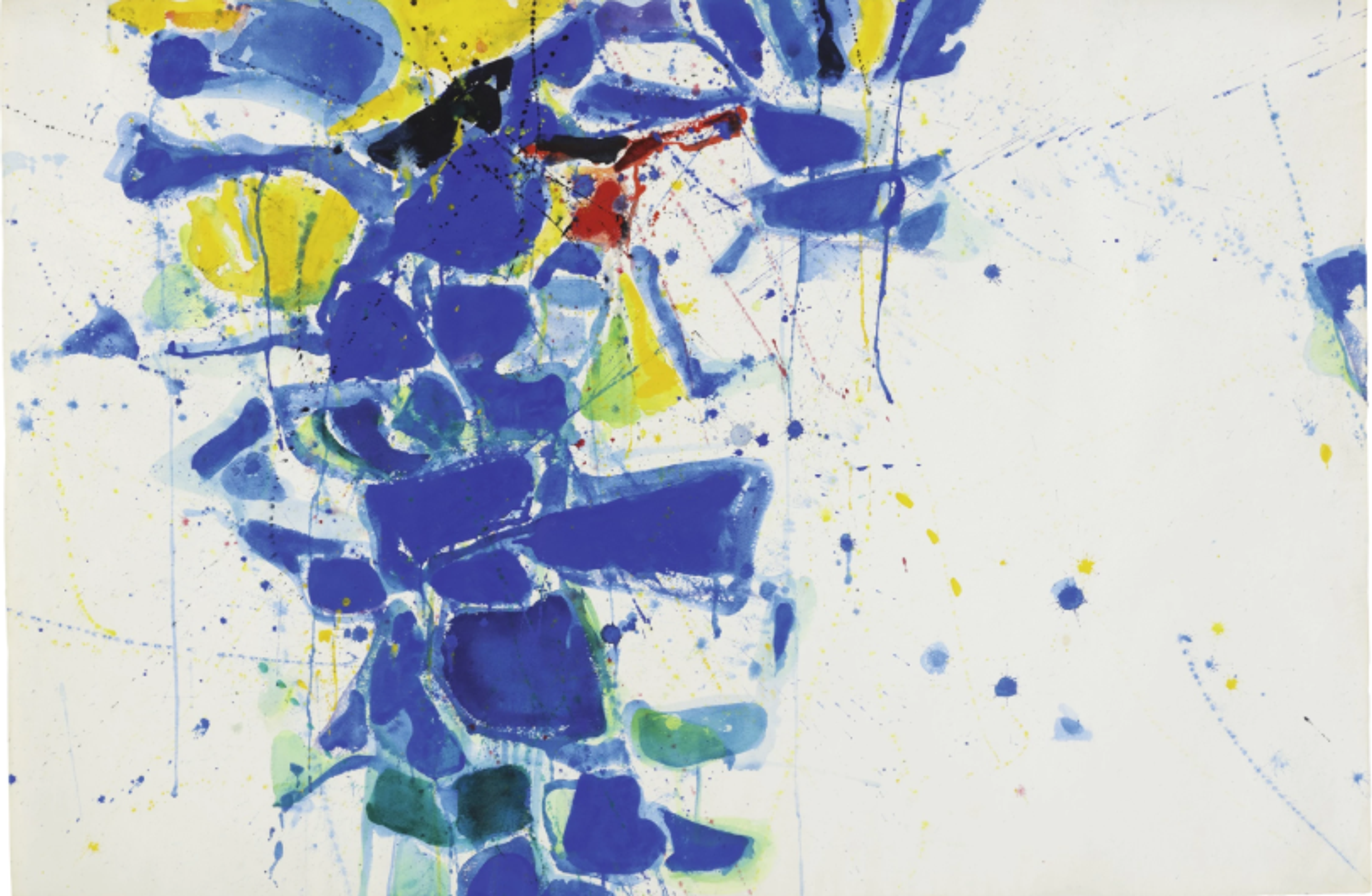 An abstract composition with an empty white background. Vertically through the centre-left, a muddle of blue, green, yellow, and orange cells of colour rise - primarily blue. The paint from each drips down. This mass of colour extends across the top of the canvas, falling in a larger drip on the far right.