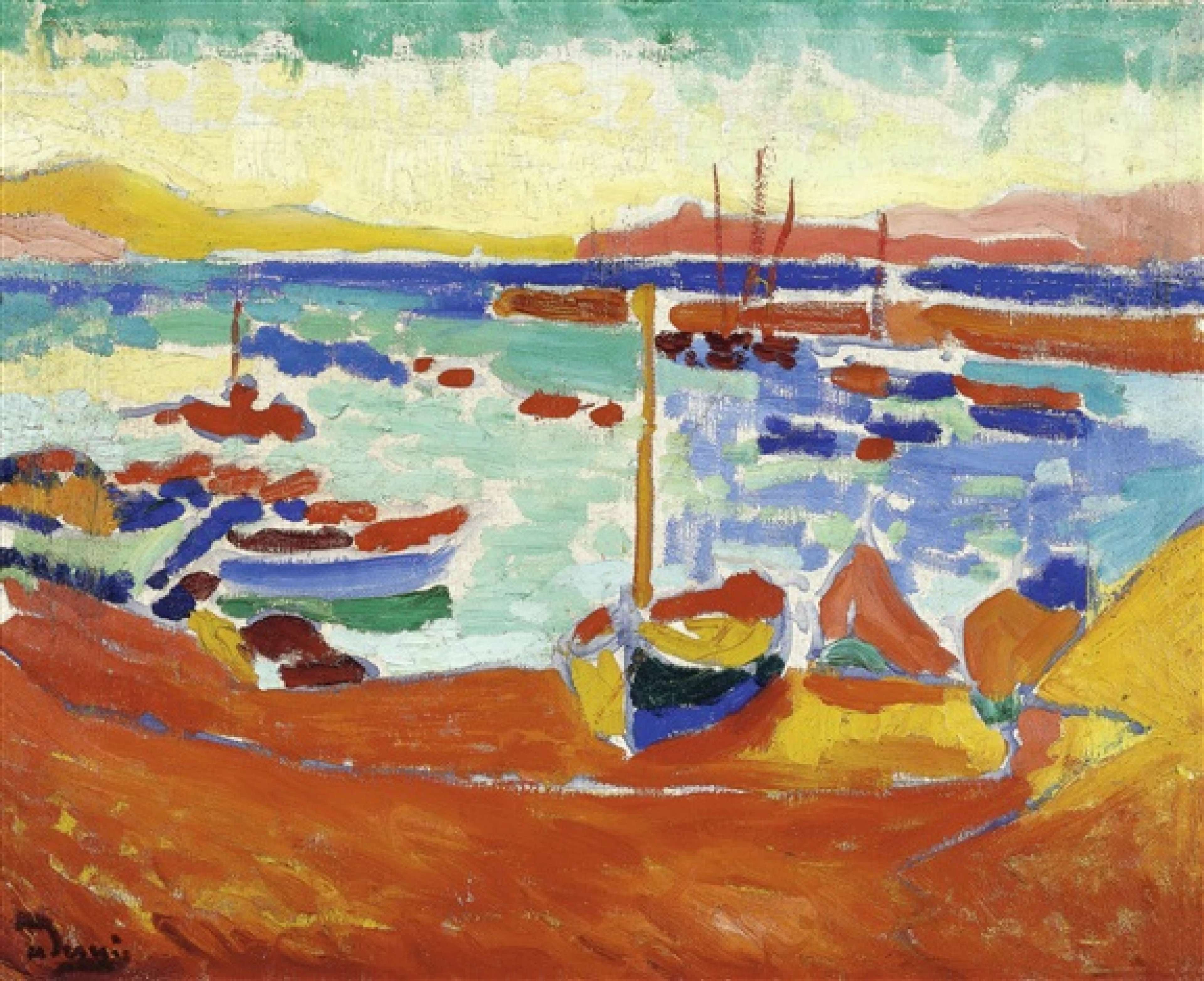 A painting of fishing boats in a Mediterranean harbour. The water is rendered as a patchwork of blues, yellows, and turquoise; the shoreline is depicted in warm oranges and reds, and the boats are a mixture of both colour palettes. The sky suggests a sunset. Bare canvas is visible between the patches of colour.