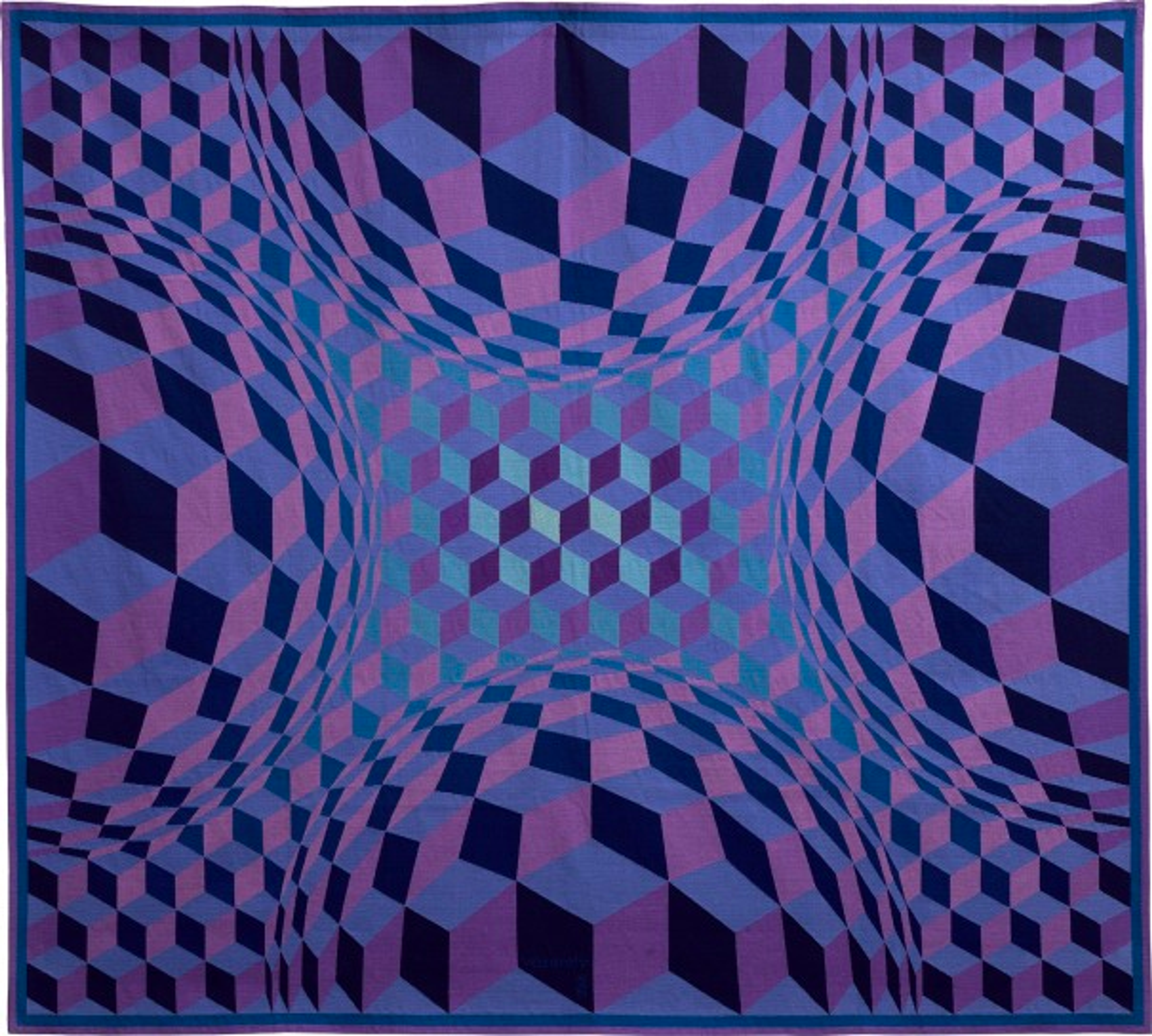 Une composition abstraite faite de divers cubes tridimensionnels violets et bleus se chevauchant pour créer un effet optique de profondeur et de relief.