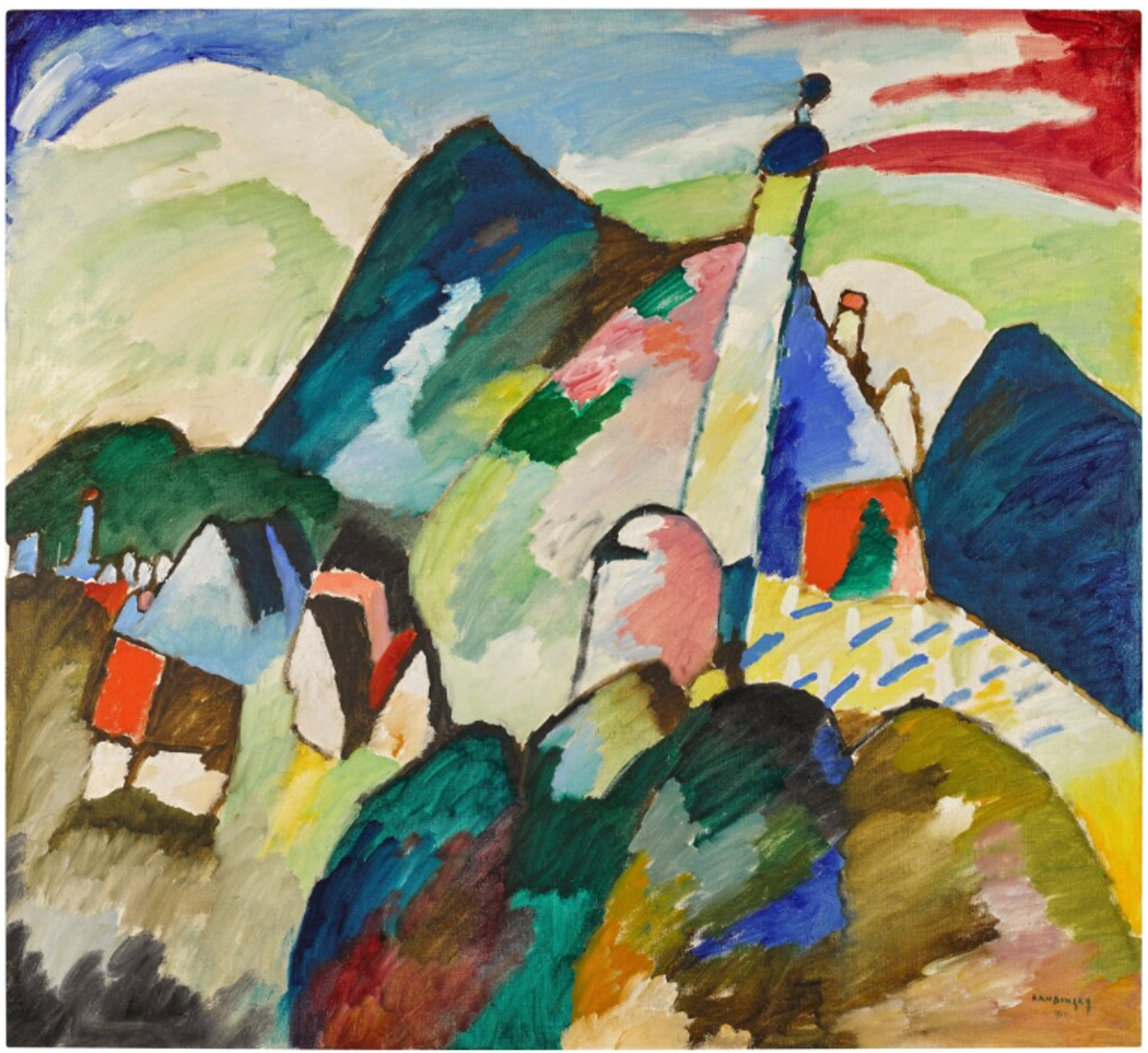 A semi-abstract landscape depicting mountains, buildings, and a church with a tall spire. Rendered in bold, colourful patches of blues, greens, reds, and yellows, the scene shows simplified geometric buildings nestled among the stylised landscape.