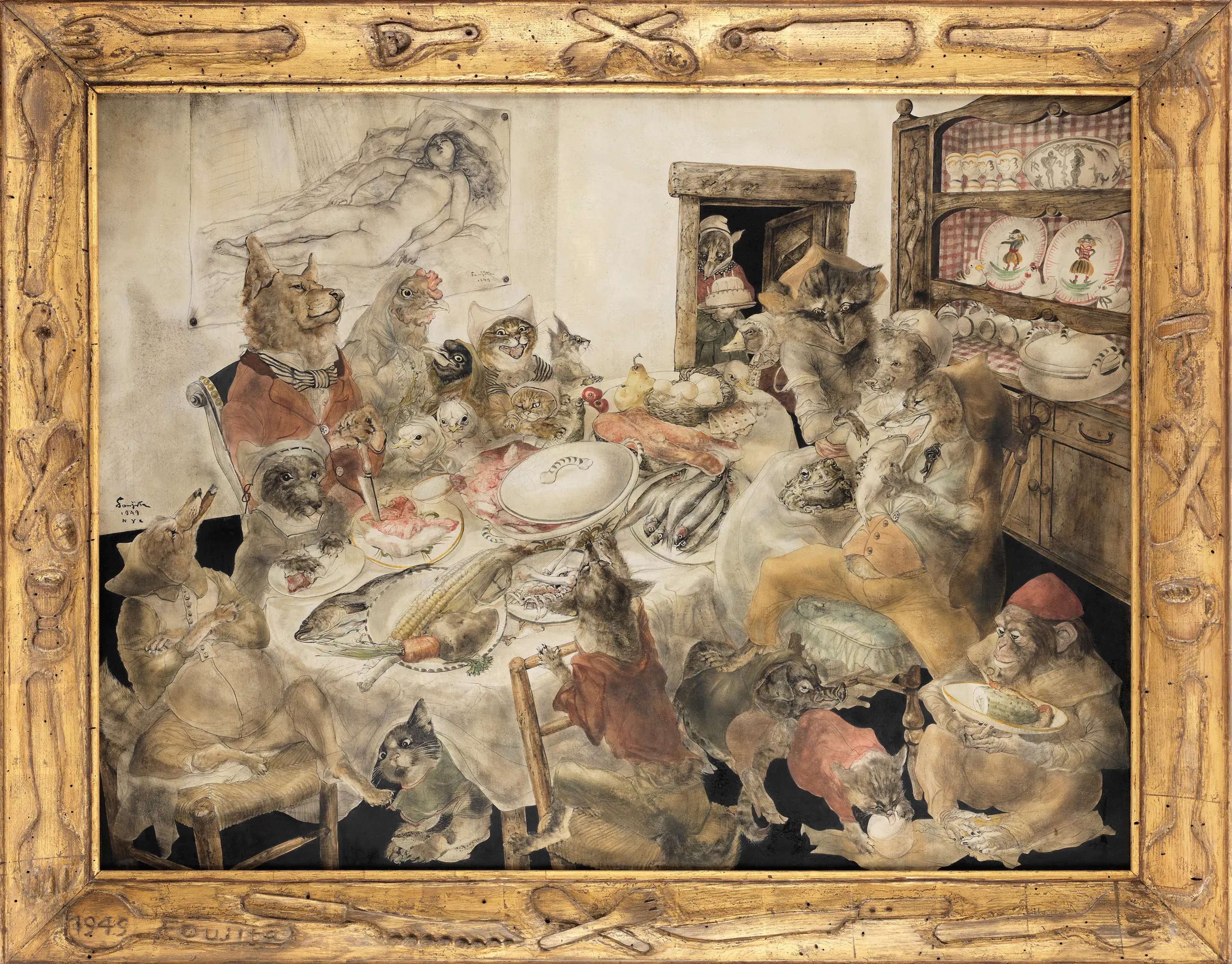 A surreal, chaotic birthday party scene where animals including foxes, dogs, cats, and birds gather around a table with a full feast of fish and fruit. Another animal, carrying a cake with lit candles, is entering the room through a rustic wooden-framed door behind the table. A charcoal drawing of a reclining nude hangs on the wall in the background. Fine china sits on display in a dresser to the right. The animals appear dressed in formal attire, seated as if human guests at a celebration.