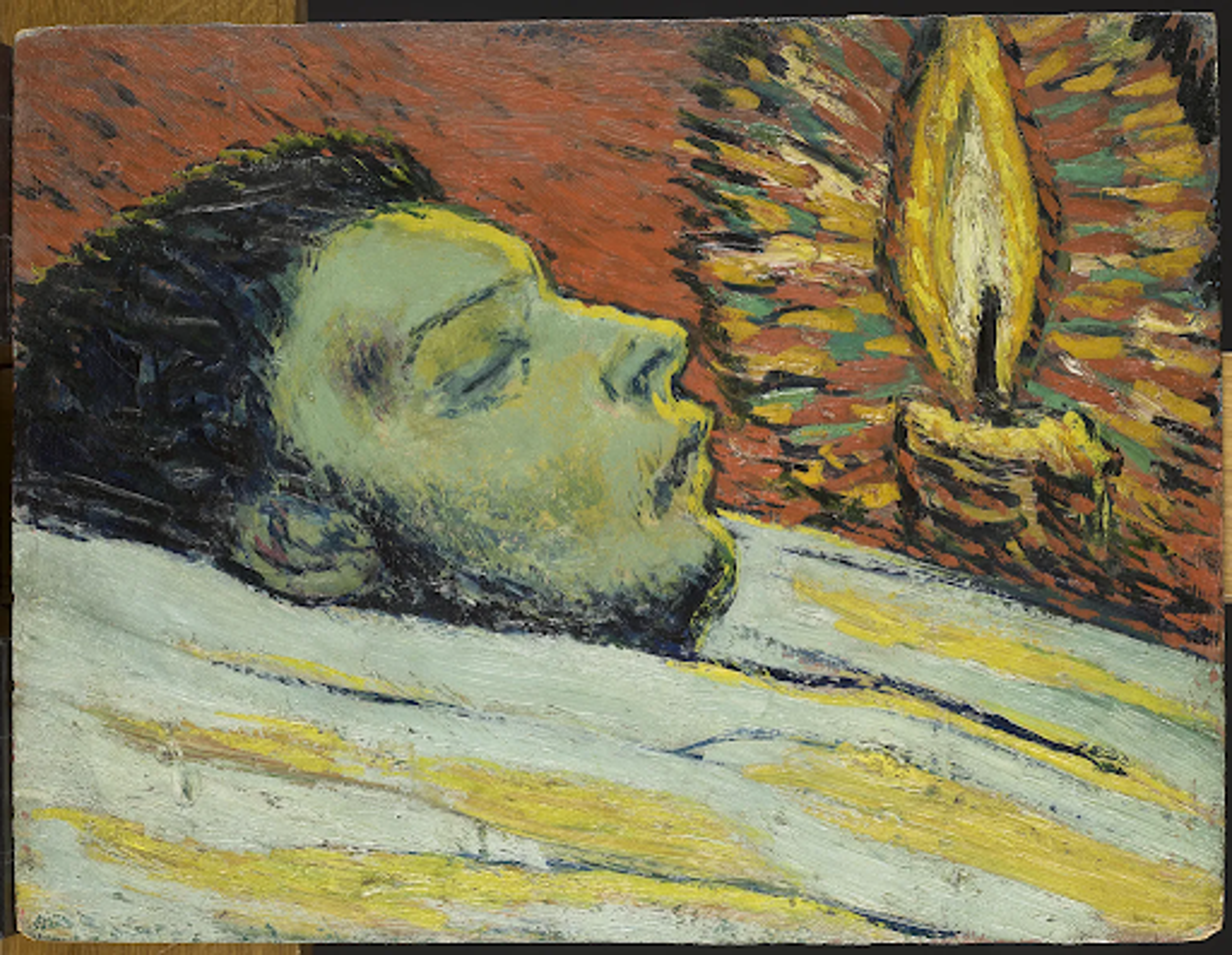« La Mort De Casagemas » de Pablo Picasso. Un tableau représentant un homme mort, allongé à côté d'une bougie allumée.