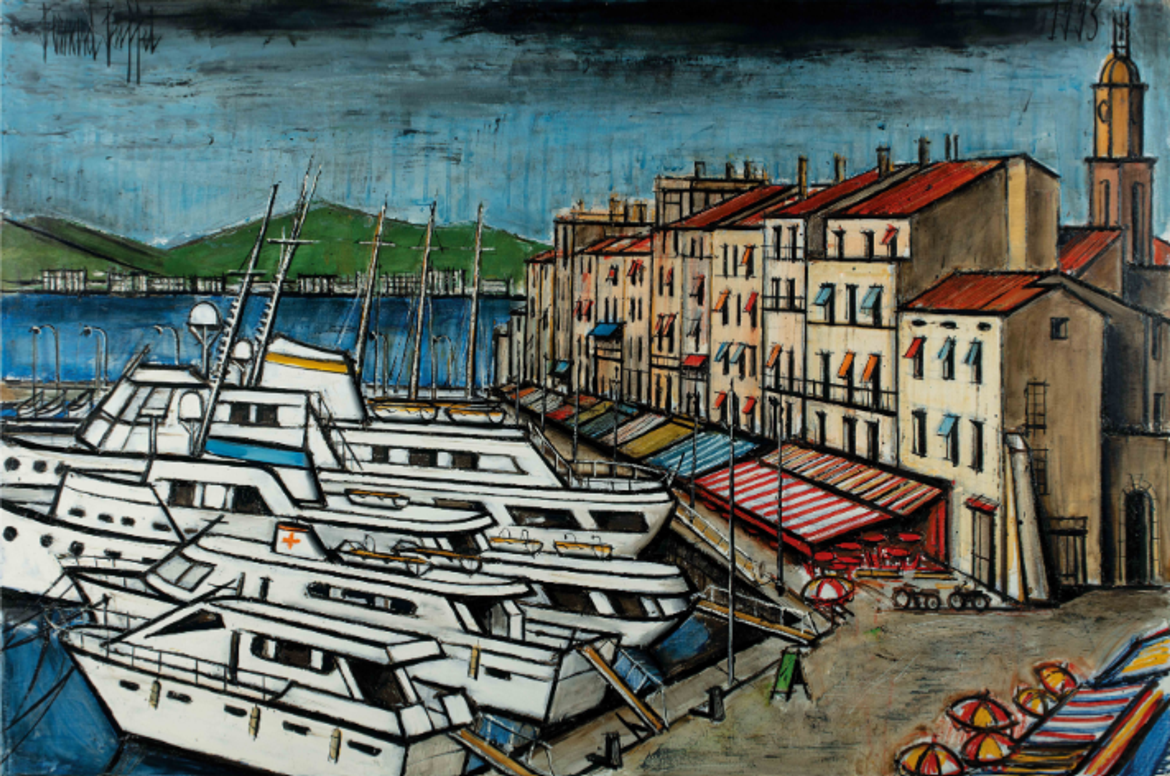 A harbour scene featuring angular, stylised boats in a Mediterranean port. The foreground shows multiple white yachts and boats with geometric shapes and strong outlines. To the left of them stands a row of distinctively Mediterranean buildings with ochre and sienna façades. The sky is rendered in muted blue tones, getting darker as it goes up, creating a stark contrast with the bright harbour.  