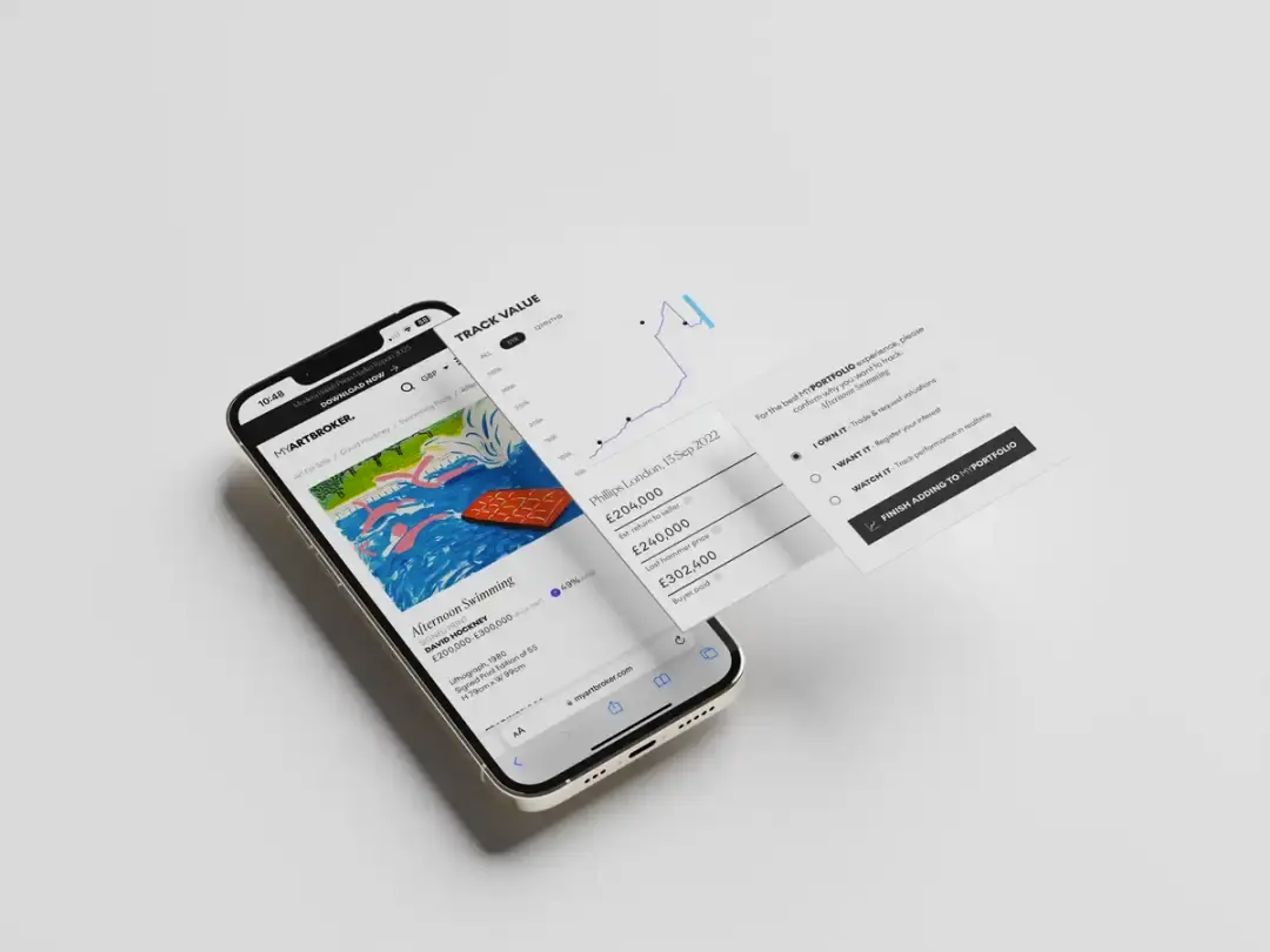 Rendu numérique d'un téléphone portable affichant la plateforme MyArtBroker et MyPortfolio.