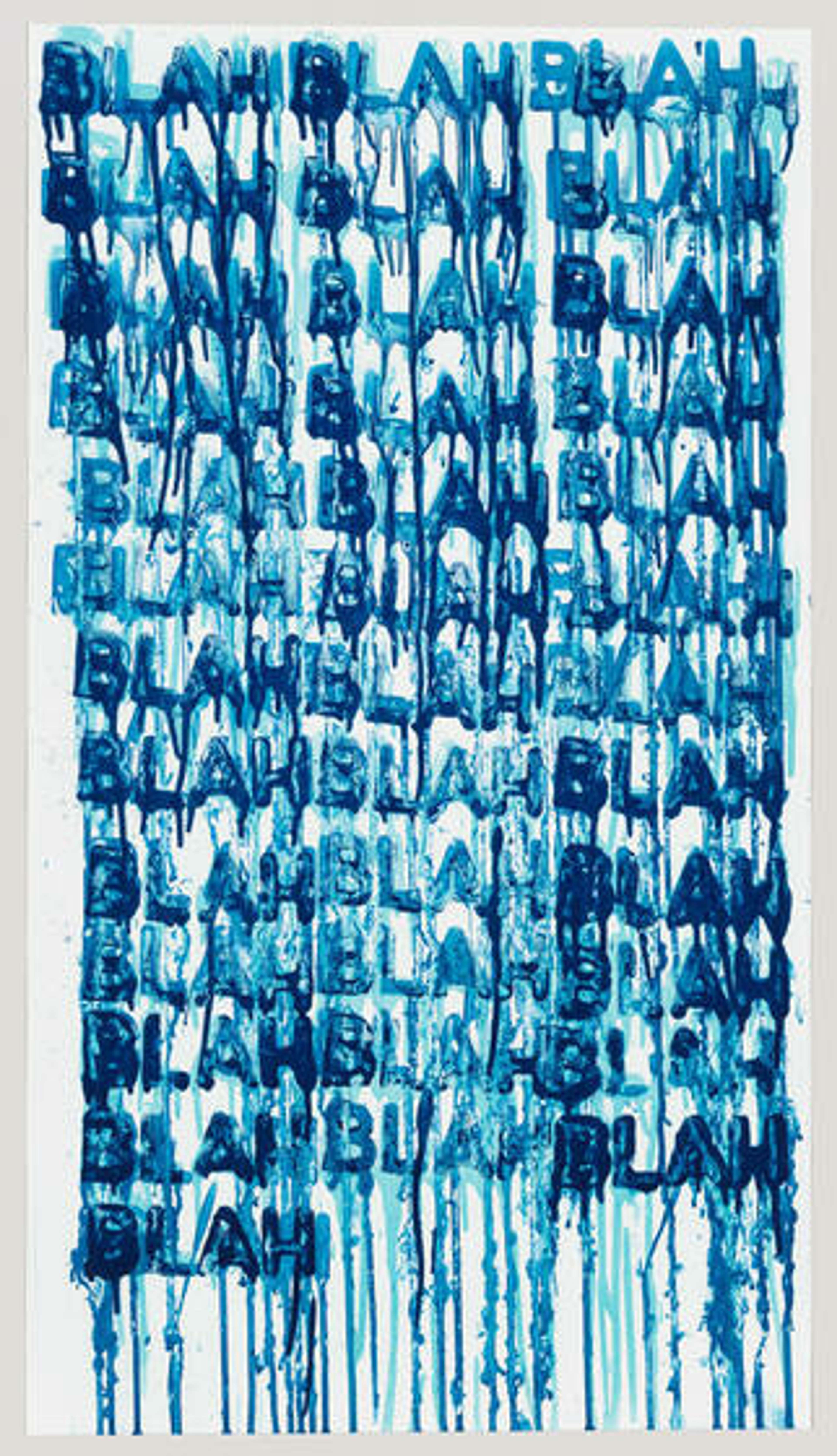 Une œuvre d'art sur fond blanc présentant le mot « Blah » répété et dégoulinant dans différentes nuances de bleu. Le mot « Blah » se répète plusieurs fois, créant un effet de cascade de teintes bleues qui se chevauchent et se fondent.