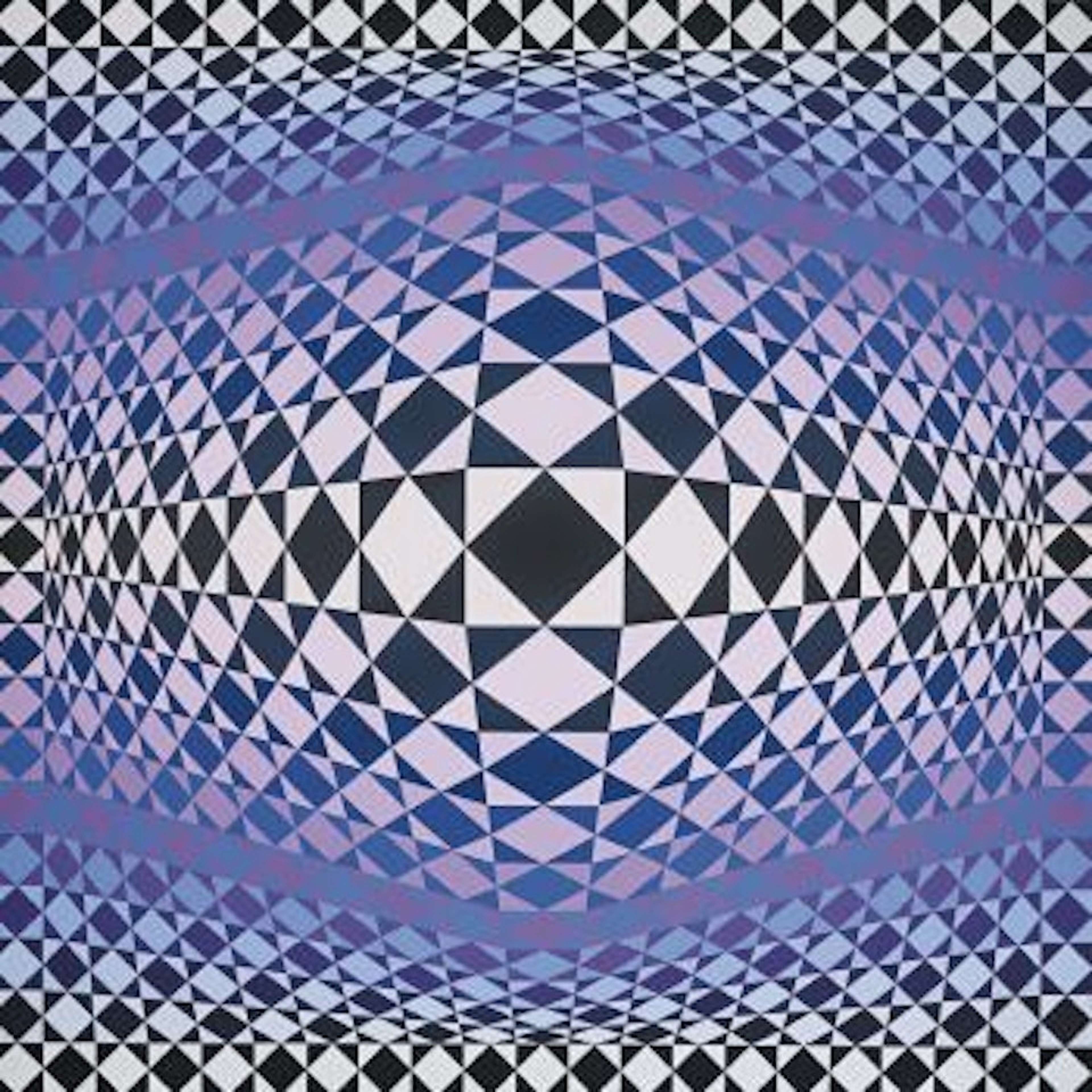 A composition of white, grey, blues, and purple hues forming a patterned optical effect. Rhombuses are carefully positioned within squares, creating a captivating visual arrangement.