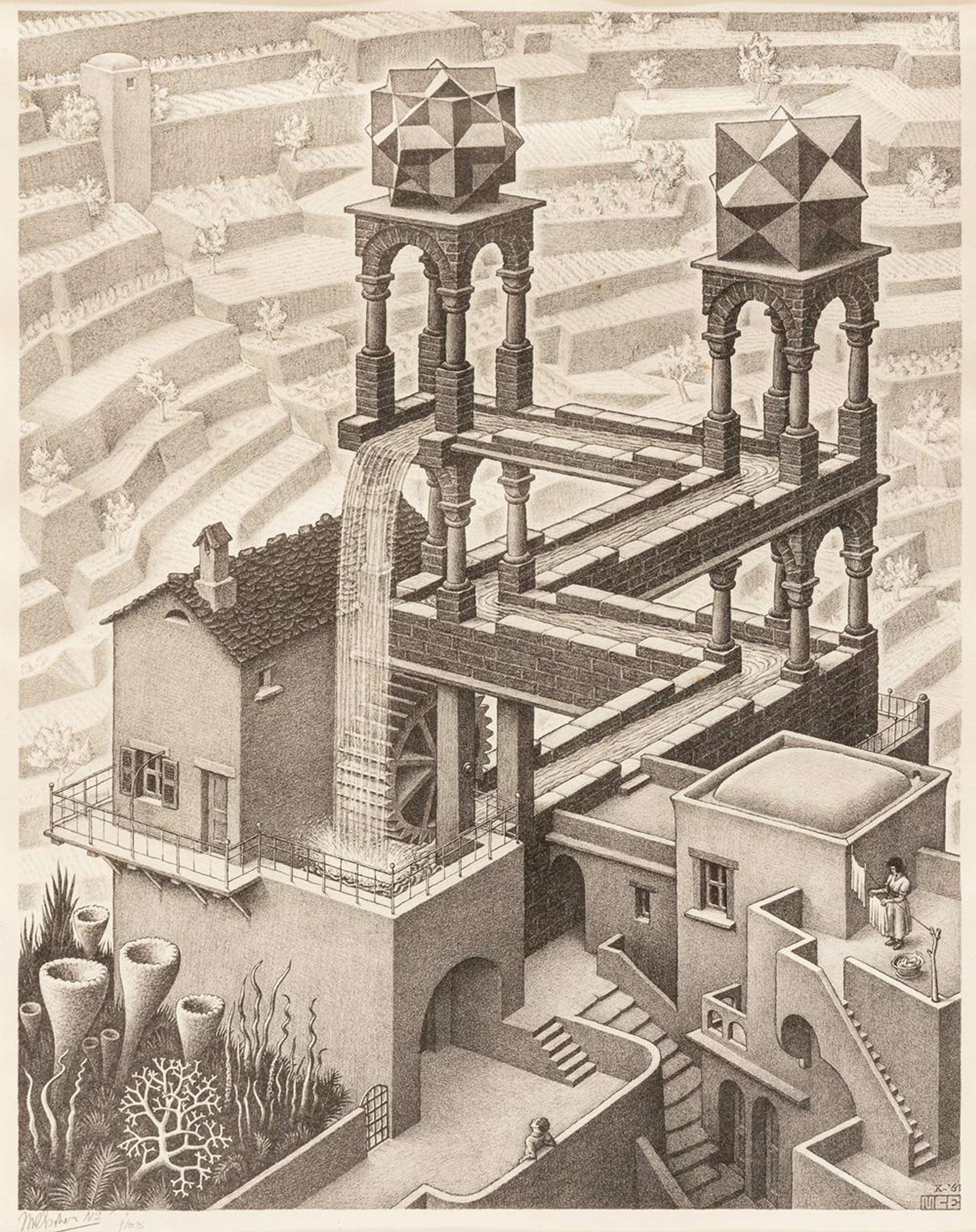 Illustration en noir et blanc d'une structure impossible composée de deux tourelles en pierre reliées par des aqueducs dans une boucle d'eau perpétuelle, défiant la physique. Une cascade alimente une roue à aubes qui renvoie l'eau dans le système. Les maisons médiévales, les escaliers et la végétation environnants ajoutent un réalisme détaillé, contrastant avec le concept paradoxal de l'œuvre.