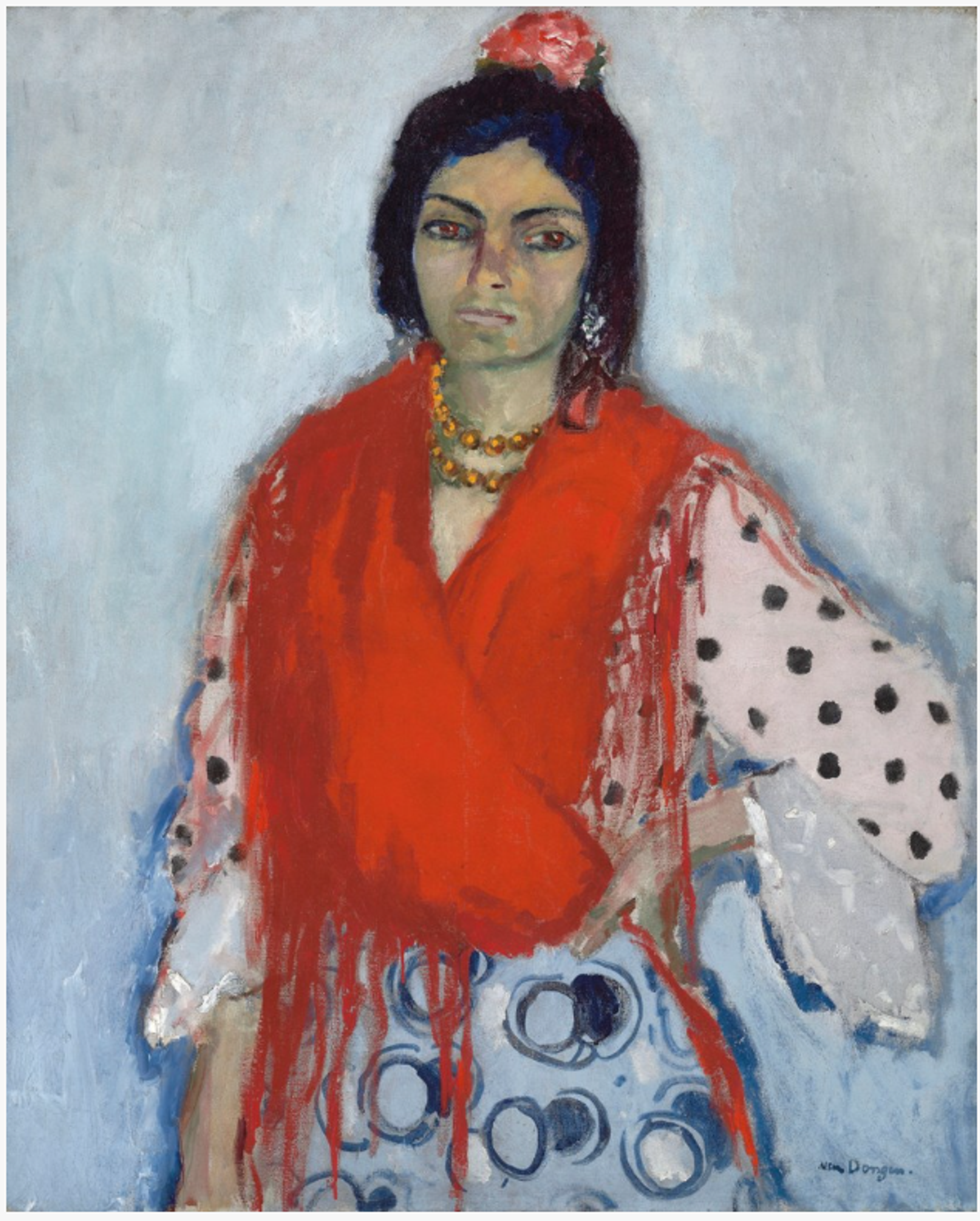 A portrait of a woman in a vibrant red shawl with black hair and a red flower. She wears a polka-dotted shirt under the shawl and stands against a light background. She wears lots of gold jewellery. The style is simplified, prioritising colour over realism.