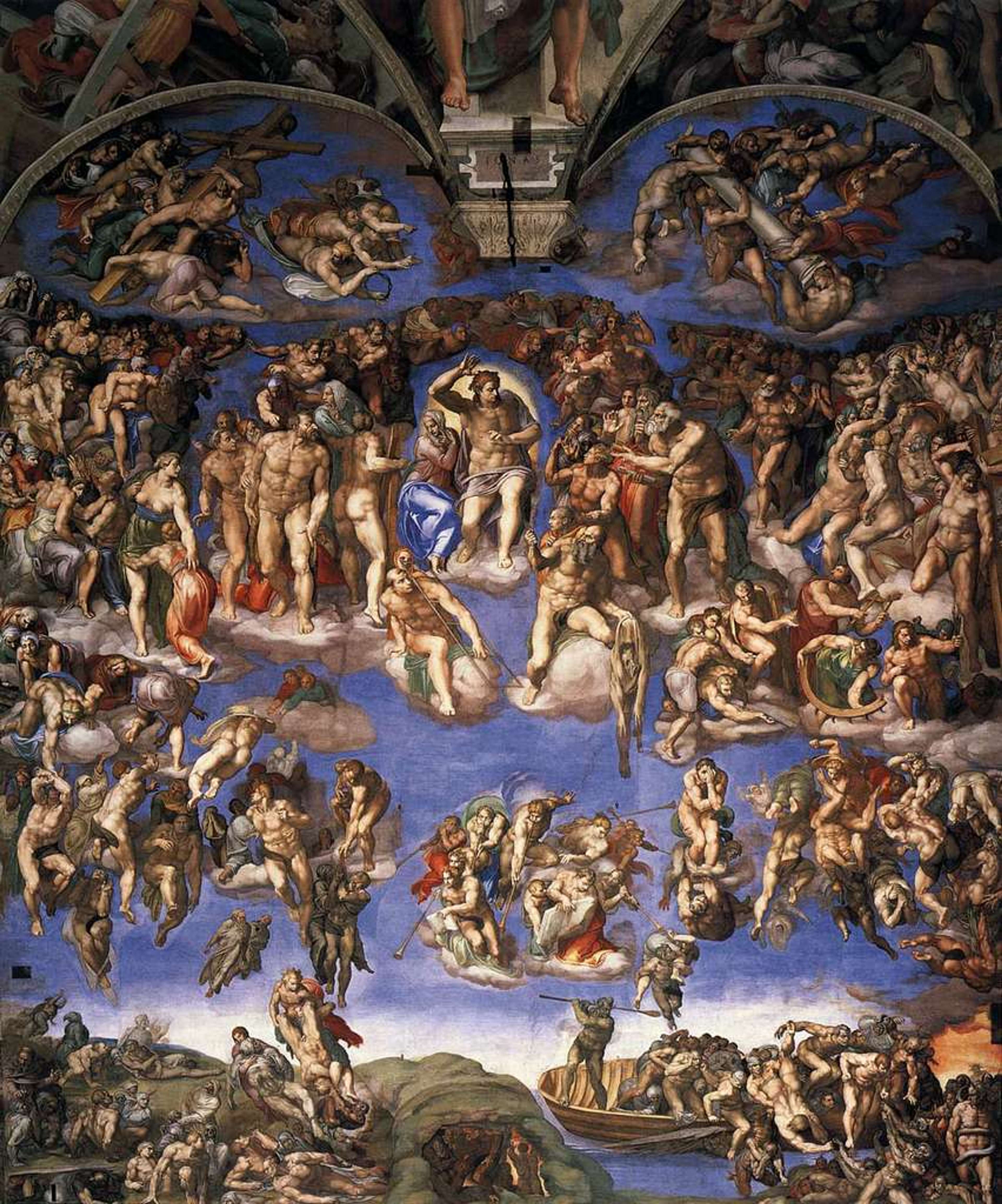 A detailed Renaissance fresco depicting 'The Last Judgment' by Michelangelo, showing numerous human figures in dynamic poses, angels, and religious imagery, painted on the altar wall of the Sistine Chapel.