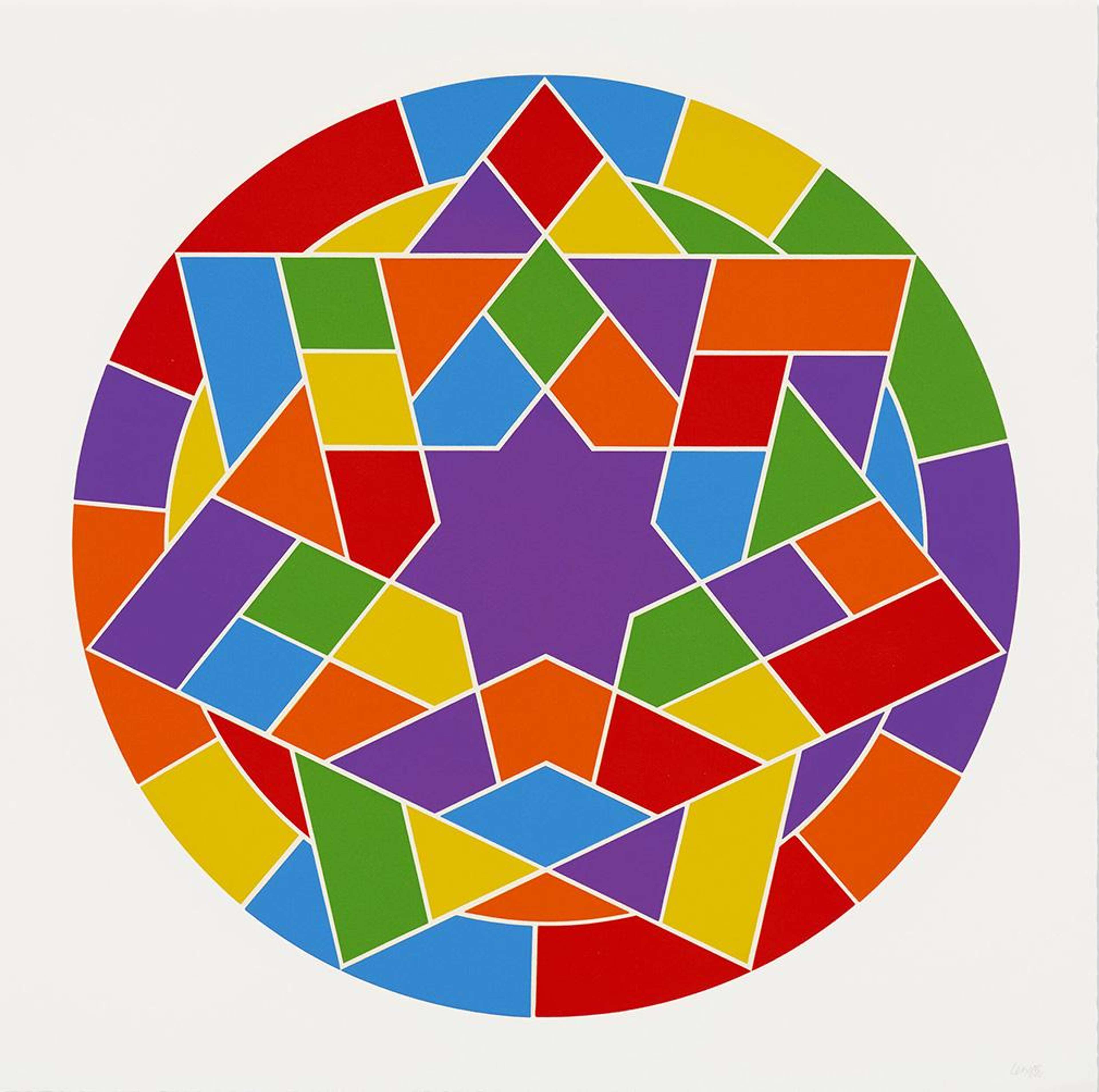 Une linogravure présentant des formes colorées distinctes en rouge, bleu, vert, jaune et violet qui s'assemblent comme des pièces de puzzle pour former une étoile géométrique à l'intérieur d'un cercle.