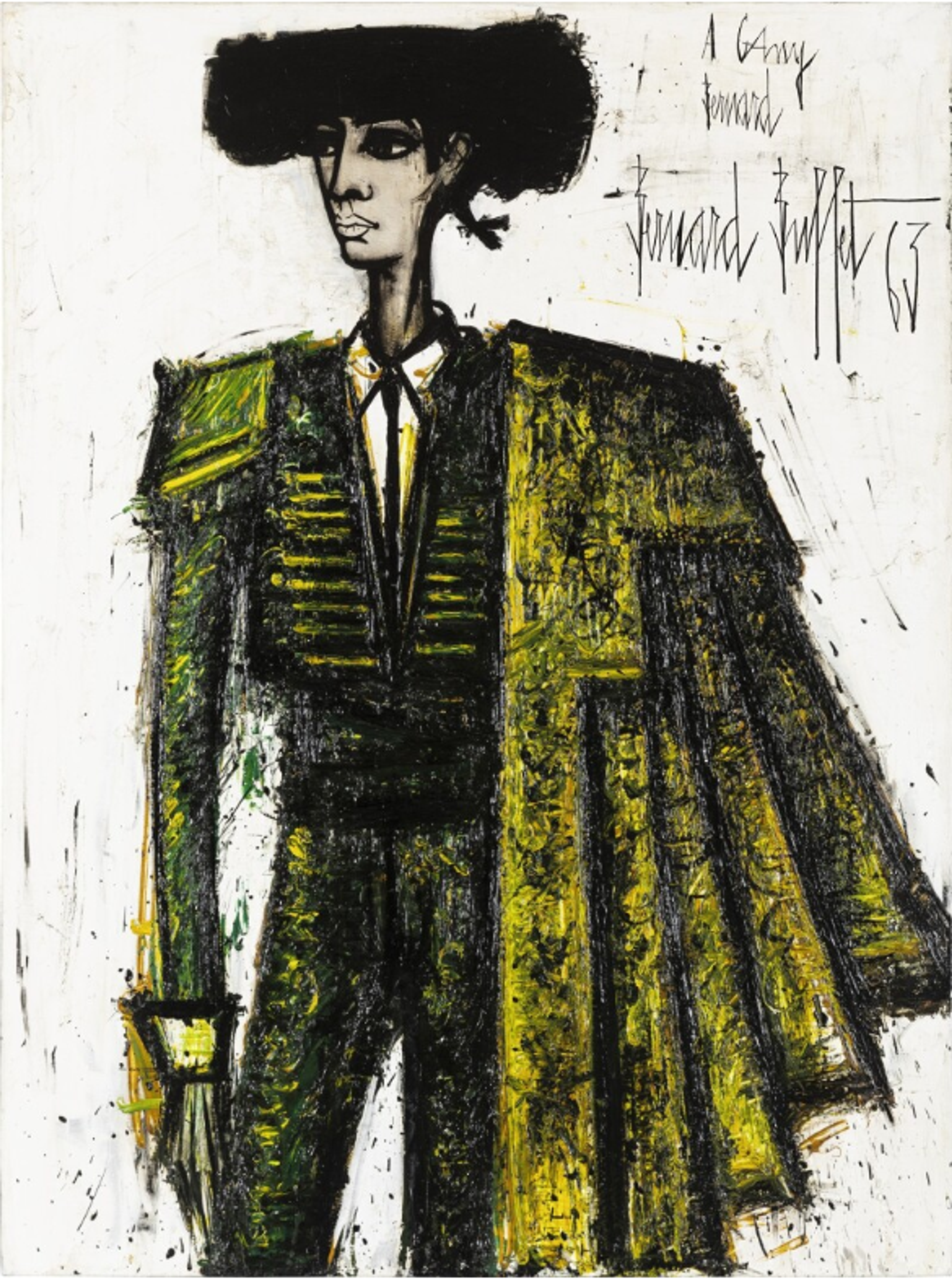 A full-length portrait of a matador in traditional bullfighting attire. The figure stands straight-backed in a formal pose, wearing an ornate green and black military jacket with detailed embroidery, a lavish green cloak over one shoulder, and a traditional black wide-brimmed hat. The figure's face is characteristically elongated with sharp features, looking off to one side. 