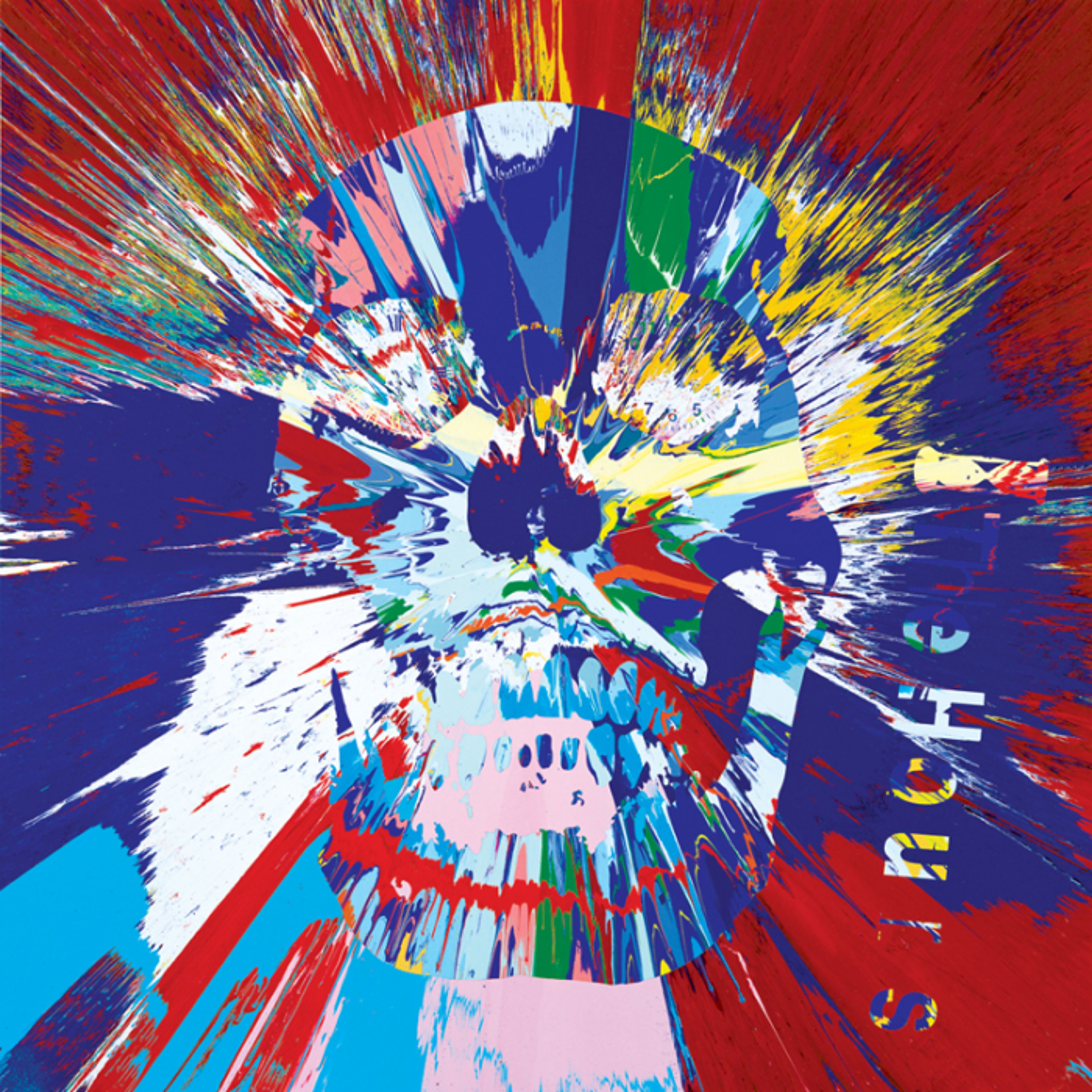Une image de la pochette de l'album "See The Light" de Damien Hirst, représentant un crâne humain orné d'un motif complexe de lignes tourbillonnantes et colorées.