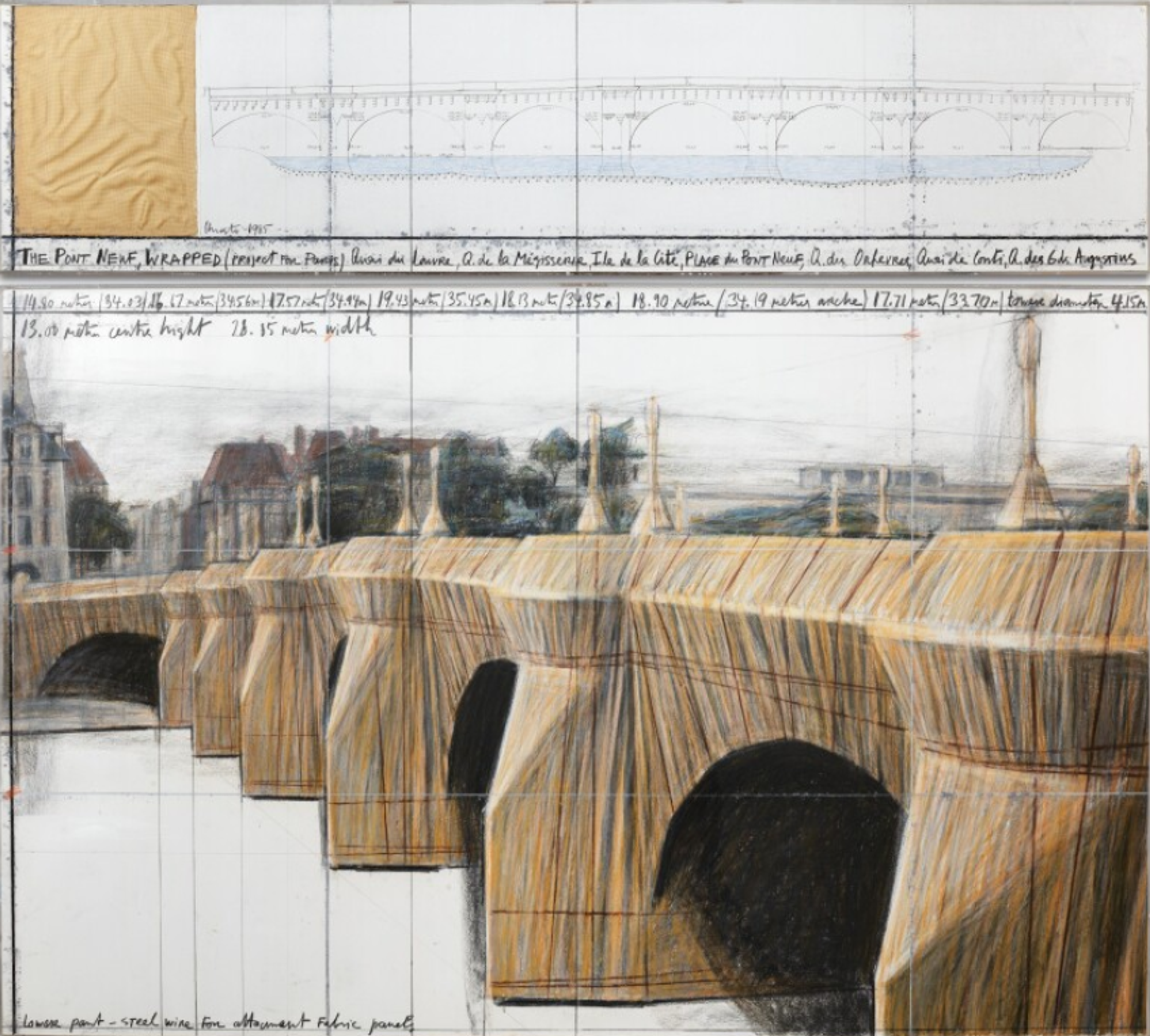 A two-panel artwork showing plans for wrapping the historic Pont Neuf in Paris. The top panel includes technical drawings and elevations of the bridge with fabric indicated in blue. The bottom panel shows an artistic rendering of the bridge wrapped in golden-hued fabric, with its distinctive arches still visible beneath the draping material. Technical measurements and notes in French and English appear along the edges.
