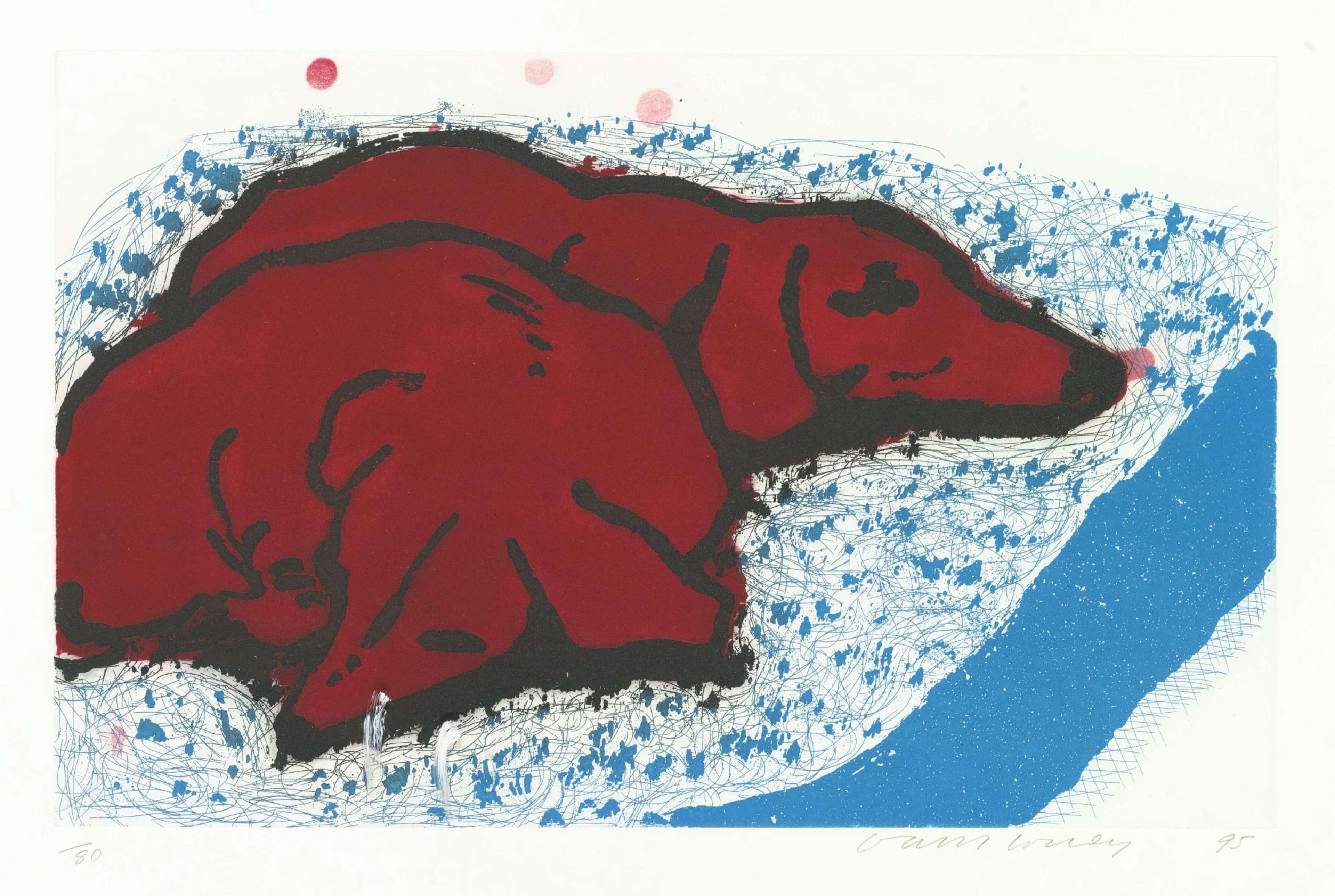 David Hockney intaglio print of two resting dachshunds, drawn with loose black lines in a minimal composition.