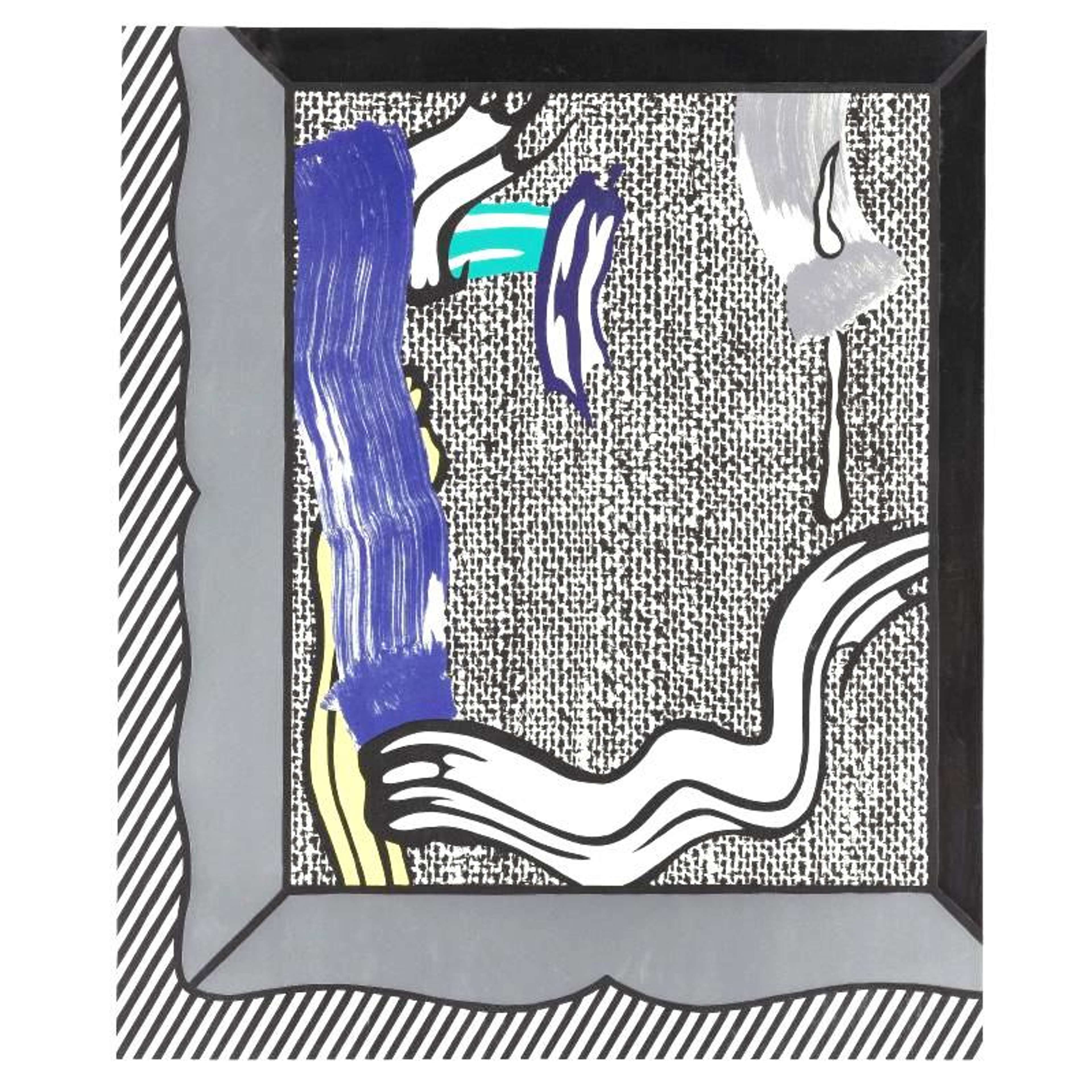 Pop Art print with scalloped grey frame and hatched border; dense black dot field holds a vertical cobalt brushstroke, teal accent, grey drip, and curving white ribbon stroke with cream highlights.