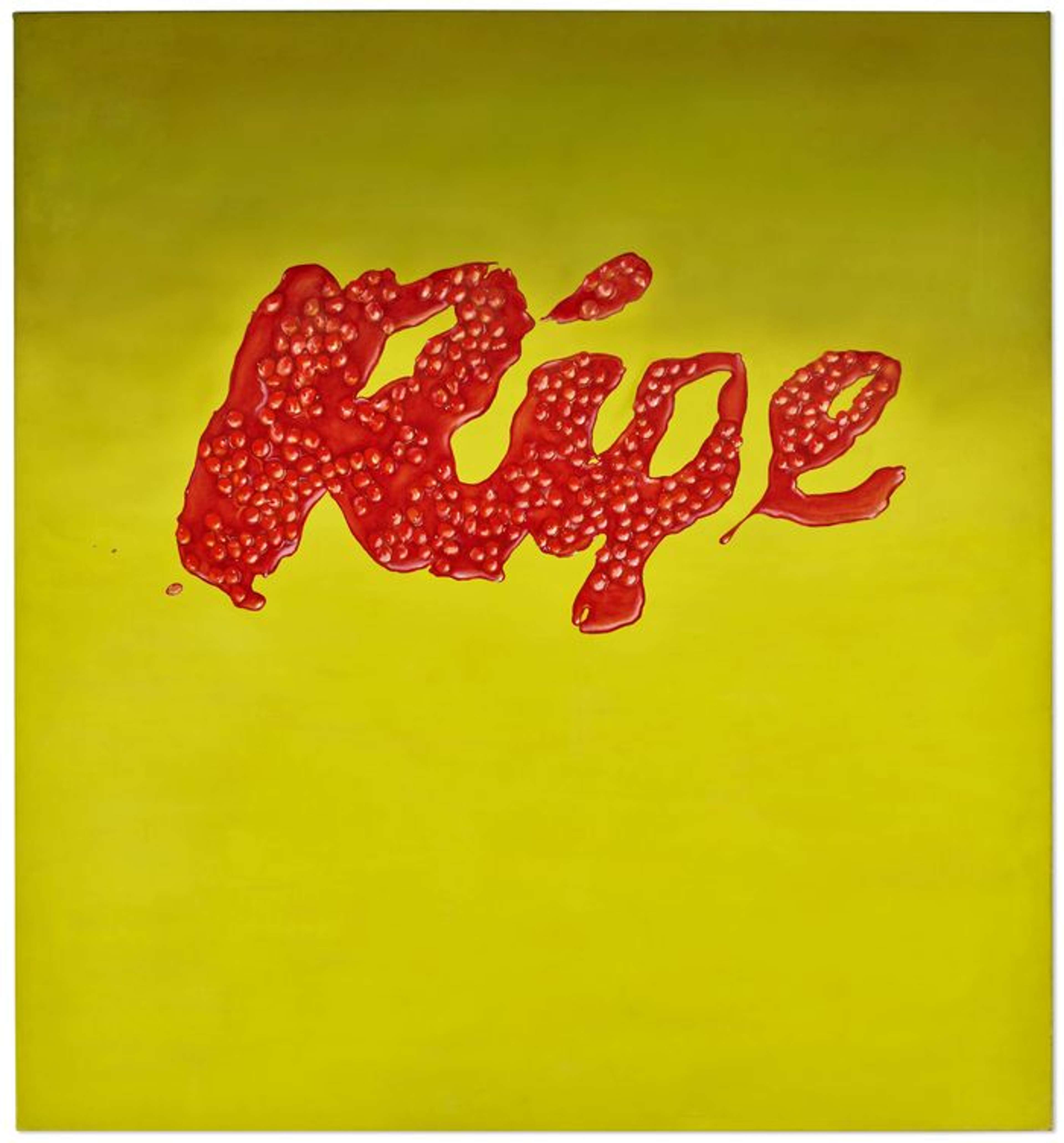 Une sérigraphie intitulée « Ripe » d'Ed Ruscha, présentant le mot « RIPE » en lettres rouges sur un fond orange vif.