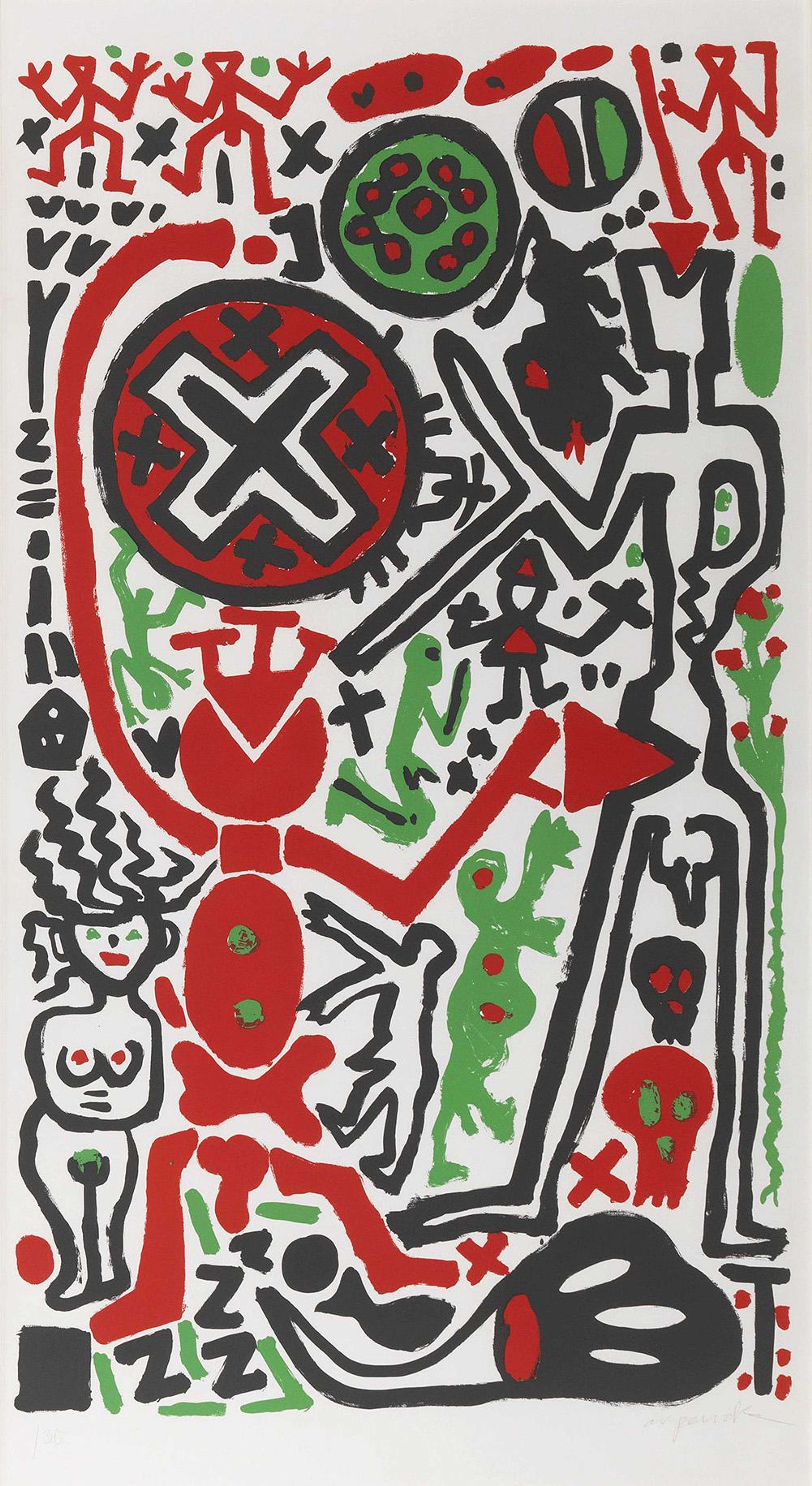 Une œuvre d'art abstraite, audacieuse et chaotique, présentant un mélange de figures humanoïdes, de symboles et de formes géométriques en noir, rouge et vert sur fond blanc. La composition intègre de grands symboles X, des flèches, des visages évoquant des crânes et des figures stylisées en interaction dynamique. L'imagerie suggère des thèmes de mouvement, de conflit et de symbolisme. Le style est expressif et graphique, caractérisé par des contours noirs épais et des couleurs vives contrastées.