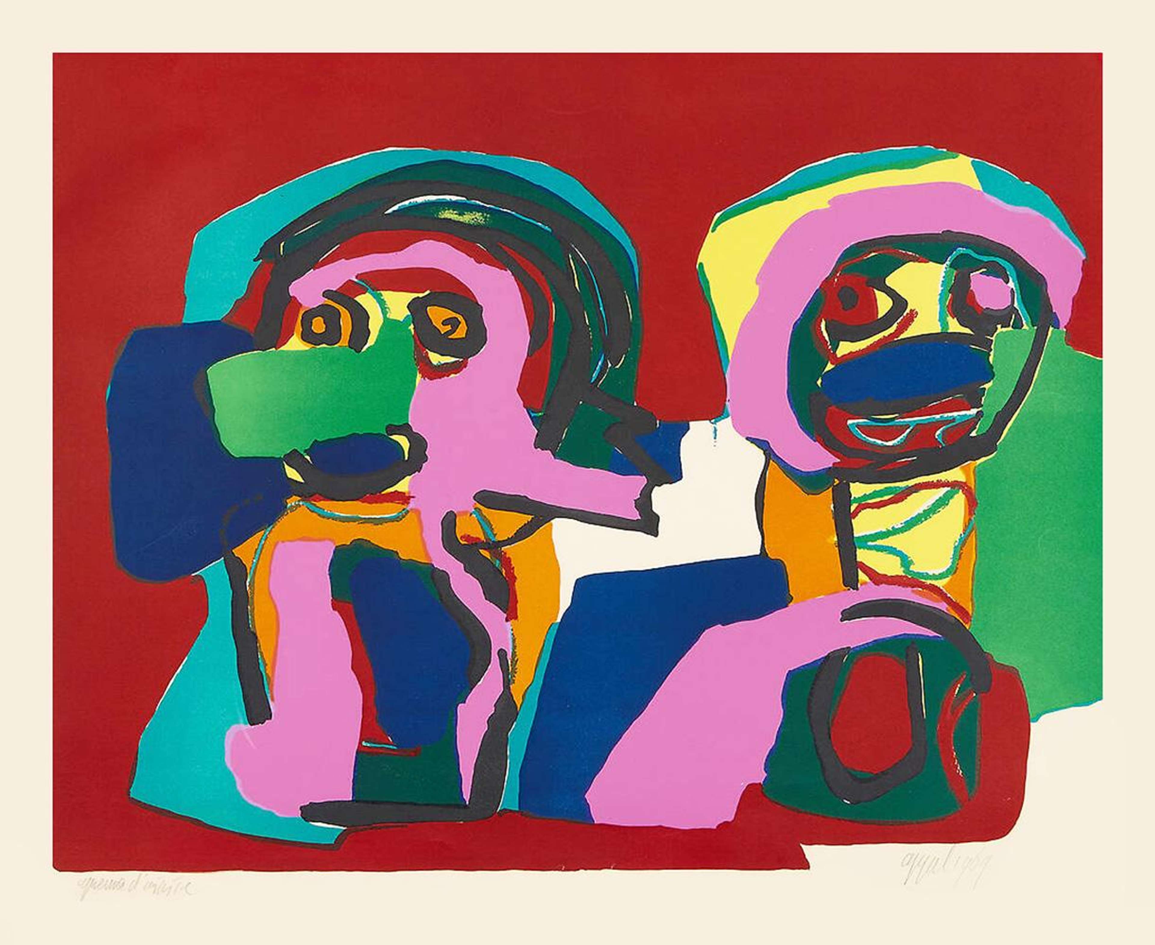Une estampe représentant deux figures abstraites, chacune composée de formes irrégulières colorées et de lignes brutes, enfantines. La figure de droite semble être assise. Leurs traits sont approximativement esquissés, l'accent étant mis sur l'ambiance ludique plutôt que sur le détail ou la spécificité. L'arrière-plan est majoritairement rouge.