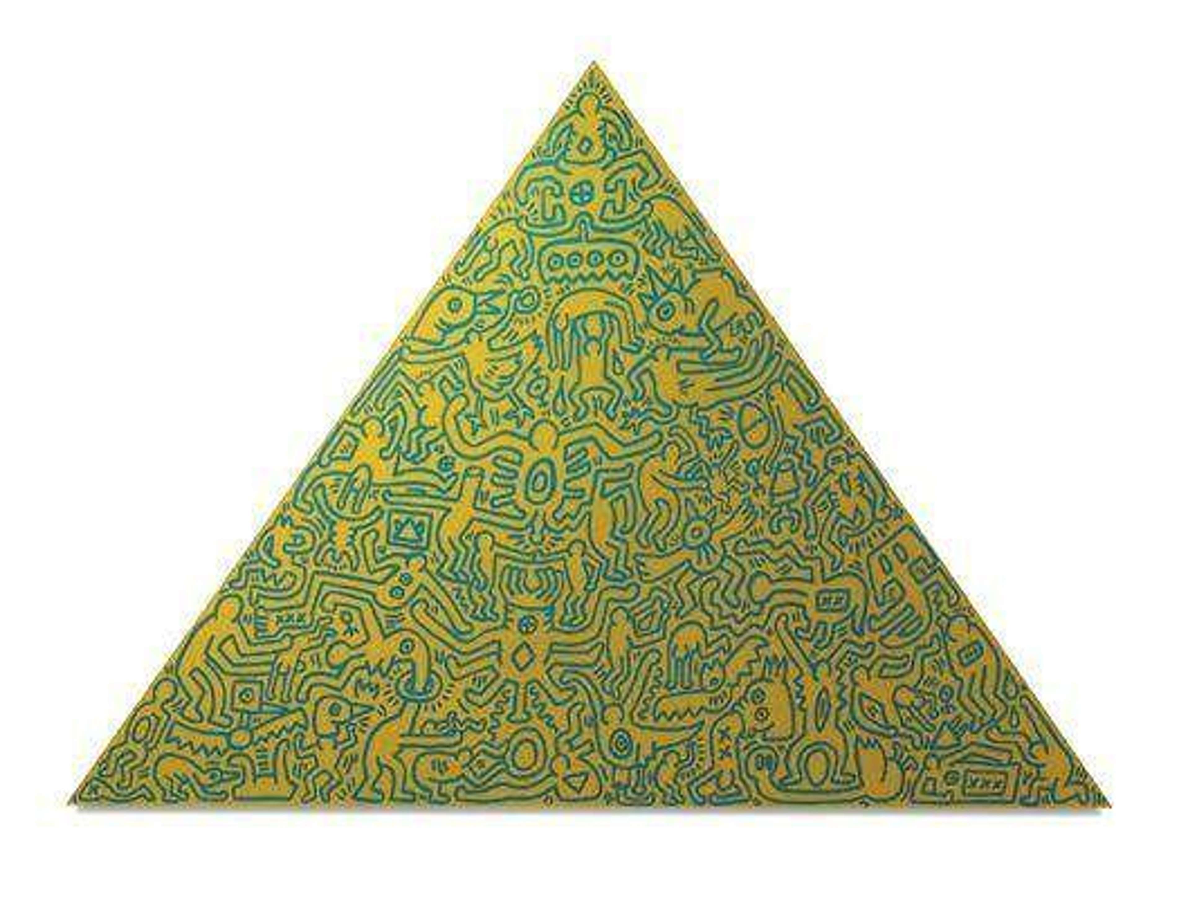 Keith Haring screenprint of stacked figures forming a pyramid in gold with bold blue outlines and radiating lines.