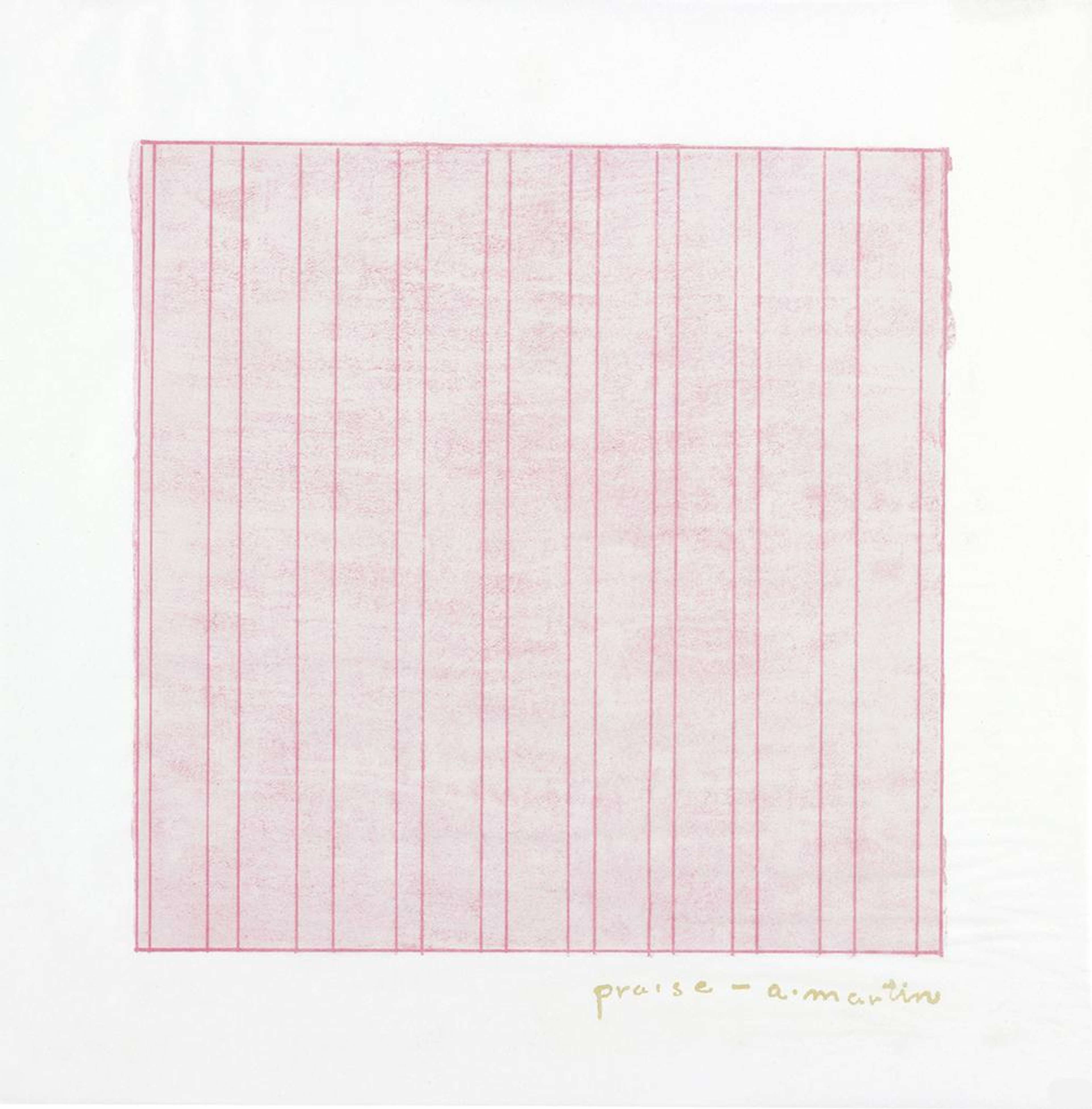 Une lithographie représentant un motif géométrique carré. Le dessin se caractérise par un fond gris clair et de fines lignes verticales roses, méticuleusement agencées par séries de deux.