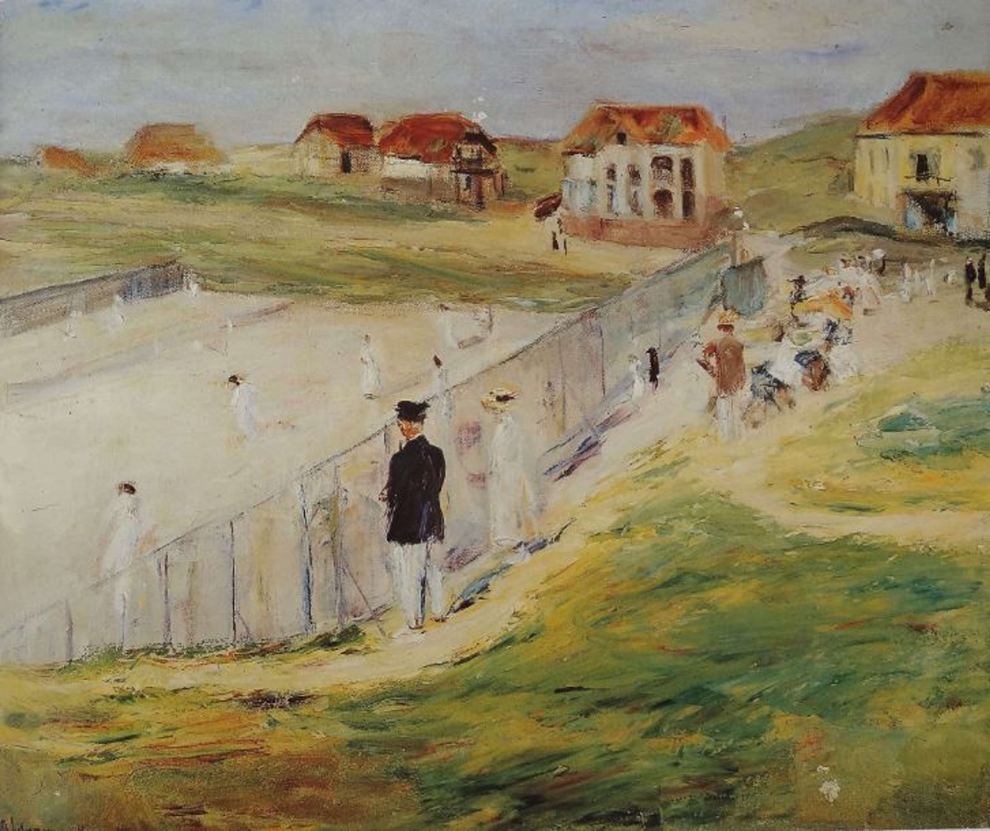 A painting of a lively tennis court scene showing players in motion, surrounded by spectators and greenery under bright daylight. The court itself appears to be sand, ensuring the colour palette is muted and neutral. Five houses are visible on the horizon, getting smaller as they get further away.