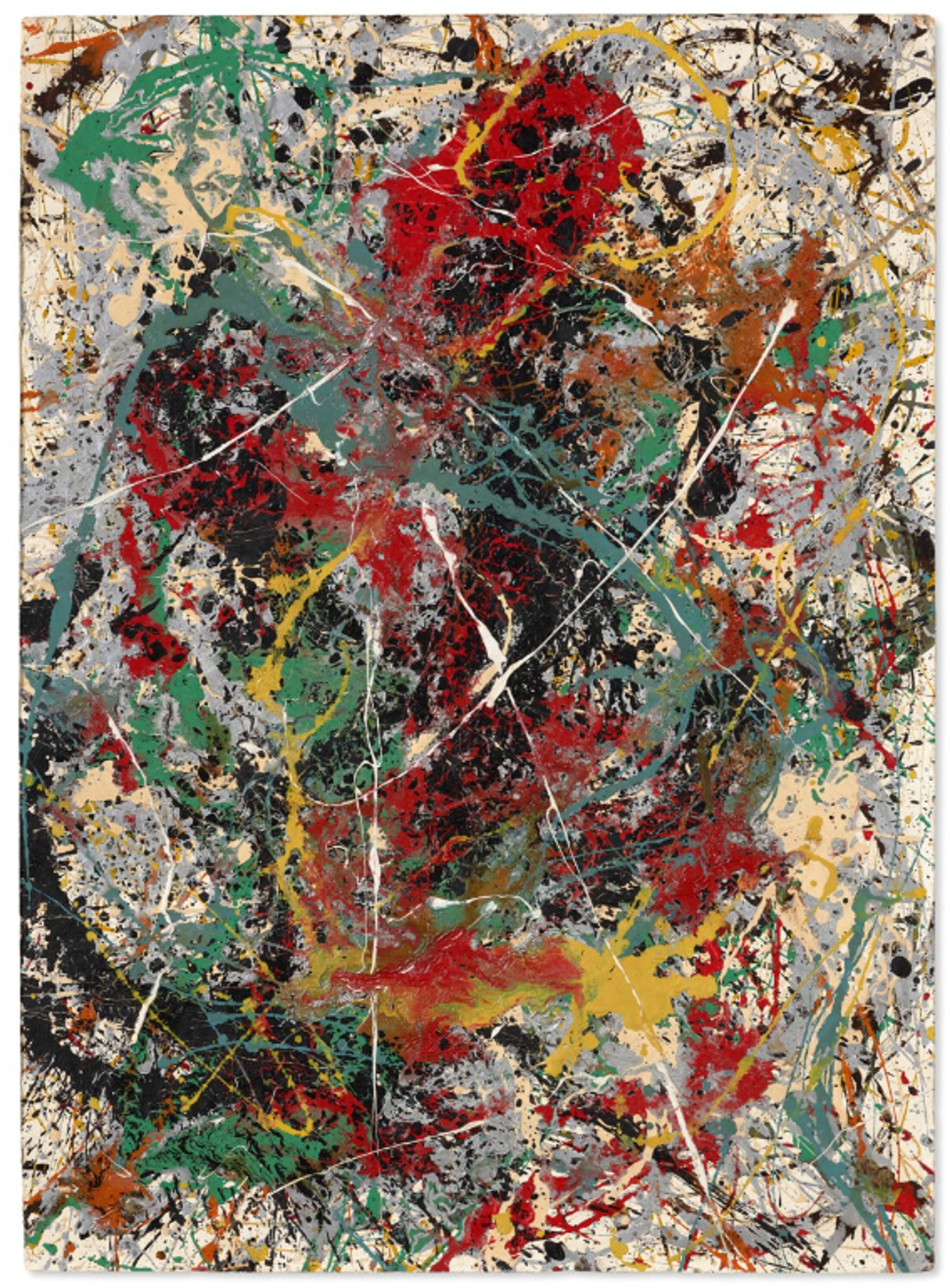 A vertical painting densely layered with thin, swirling lines of paint in a variety of colours, including reds, greens, yellows, and blues. The overlapping drips and splatters create a sense of depth and movement.