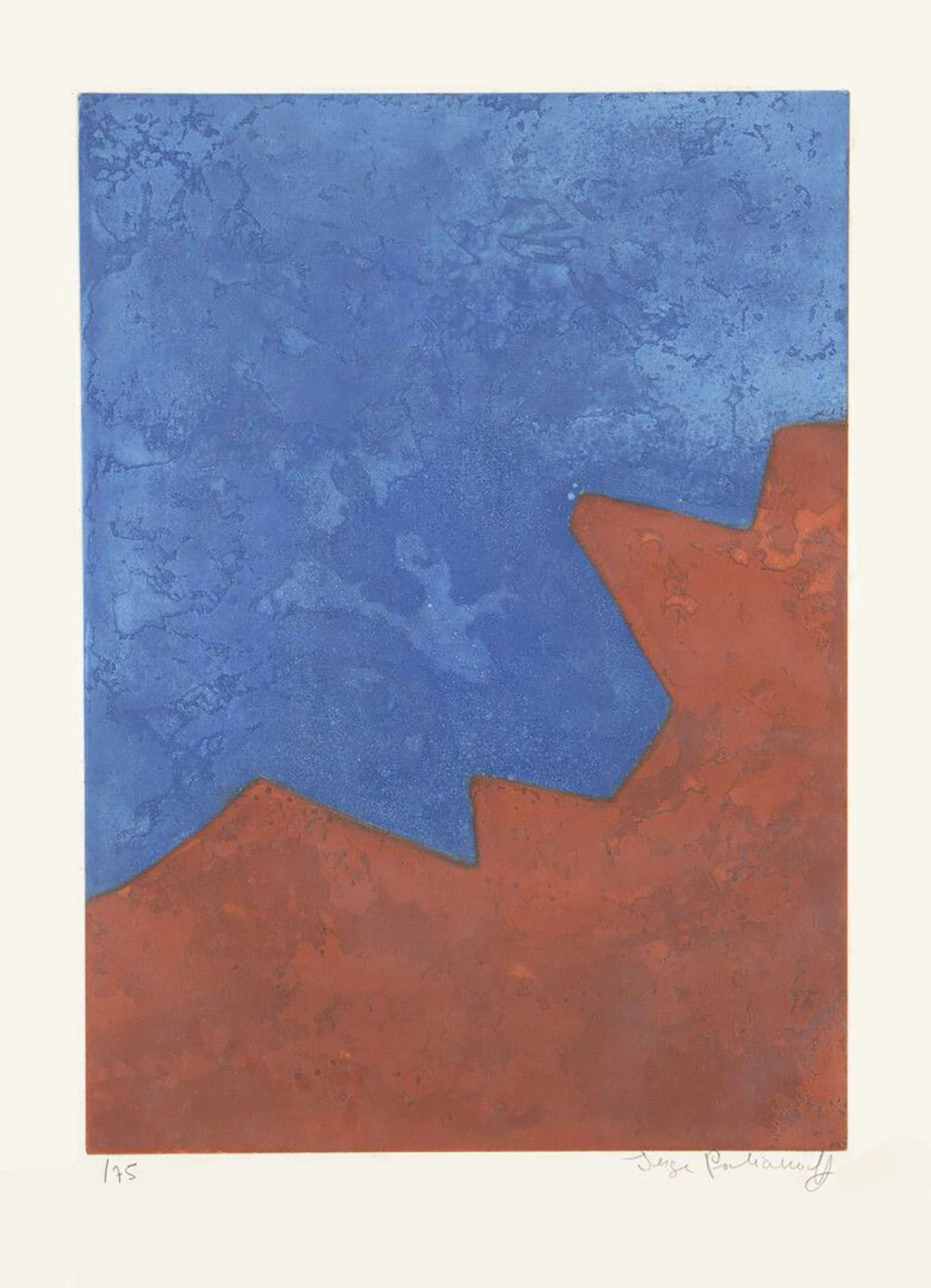 Une composition coupée en deux, avec une ligne dentelée qui sépare la section bleue supérieure de la section rouge inférieure.