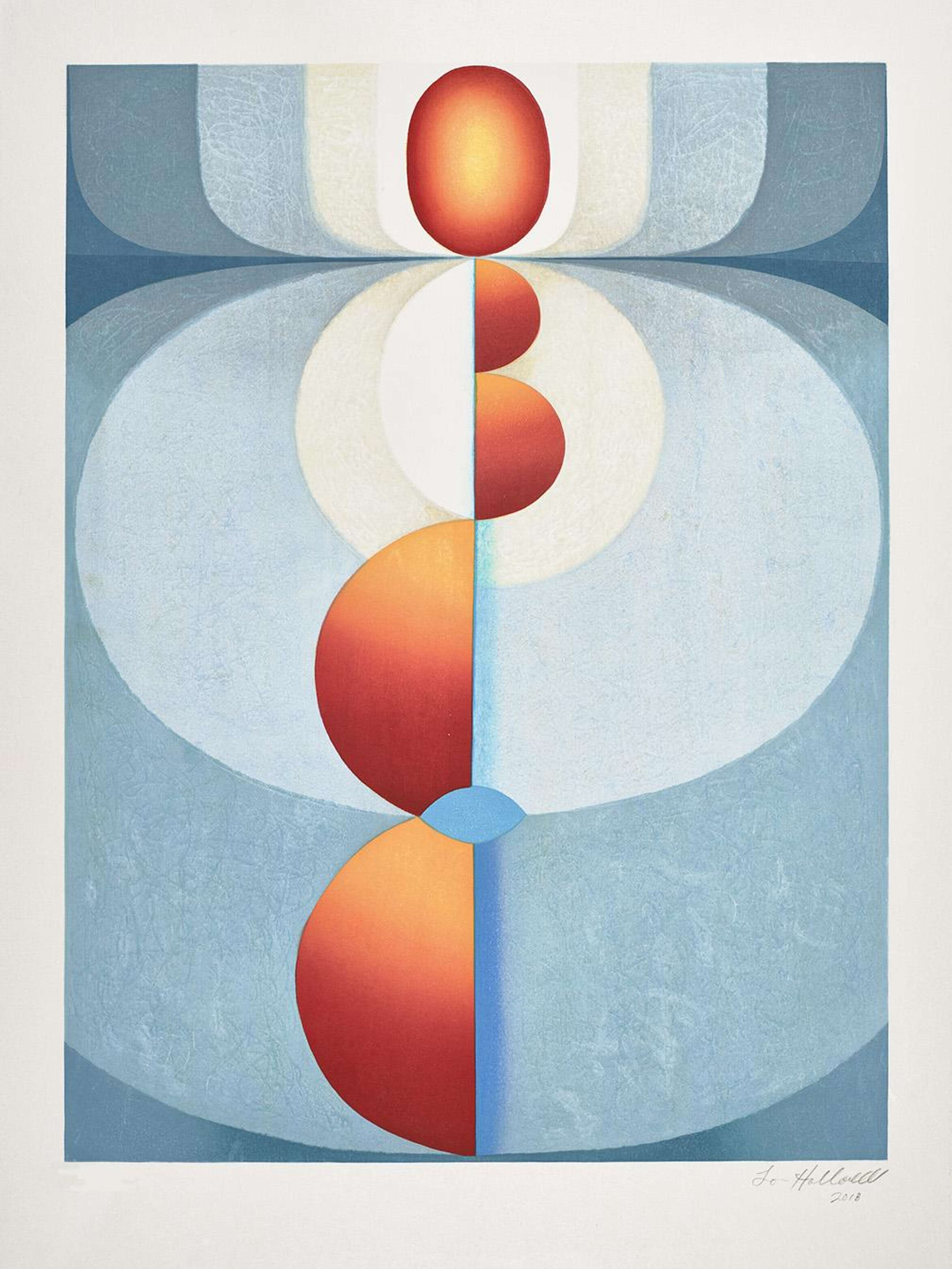 Une estampe abstraite vibrante intitulée « Standing In Light » de Loie Hollowell, présentant des formes audacieuses et superposées dans des nuances de rouge, de rose et de bleu. On distingue une forme verticale centrale rappelant une source lumineuse incandescente.