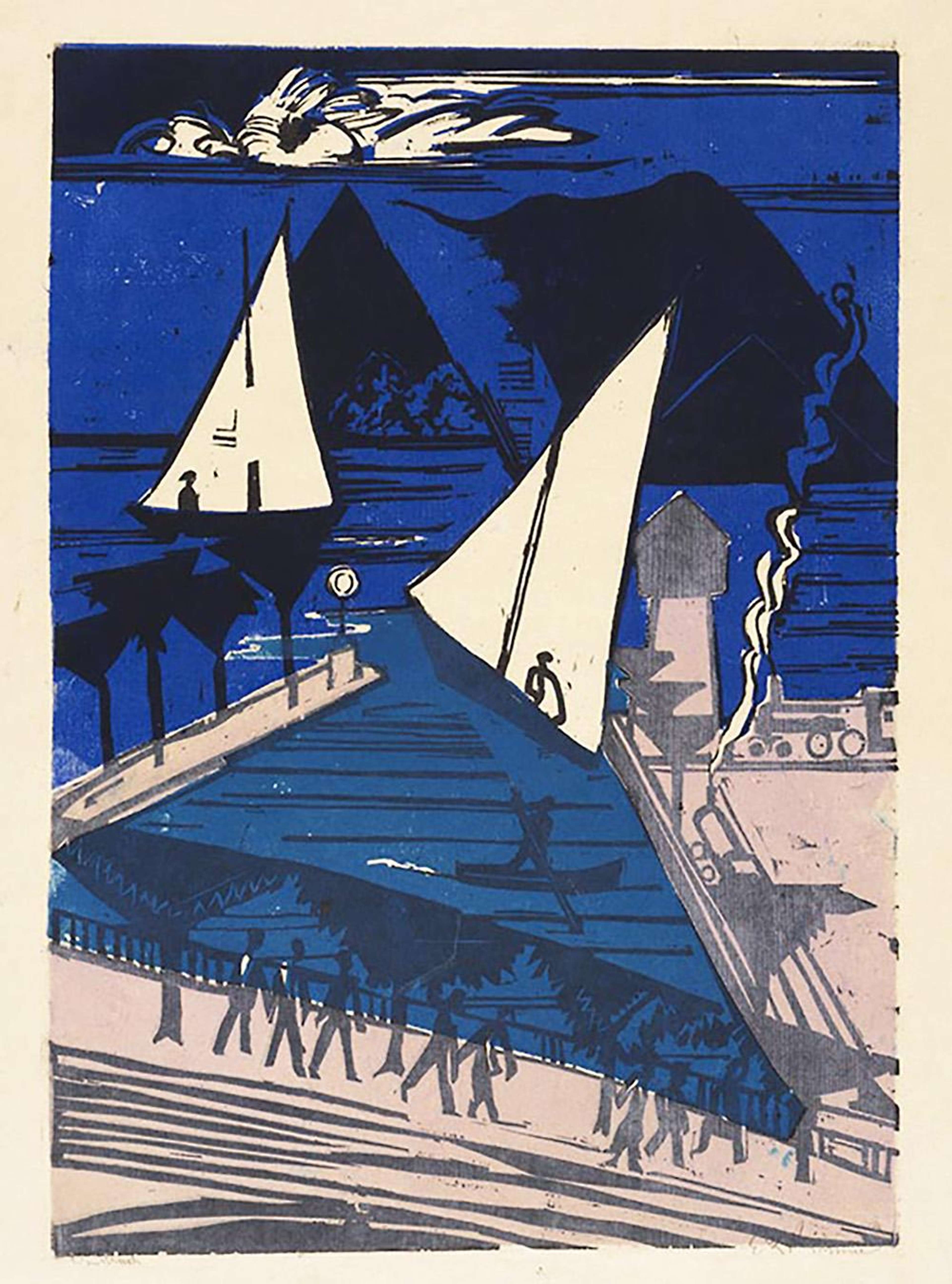 Une estampe en xylogravure représentant un front de mer, avec deux bateaux à voiles triangulaires sur l'eau. L'eau et le ciel sont colorés avec un dégradé lisse allant du turquoise au bleu foncé. La jetée et la promenade du front de mer sont d'un gris-rose clair, avec des silhouettes subtiles superposées dans une teinte plus foncée.