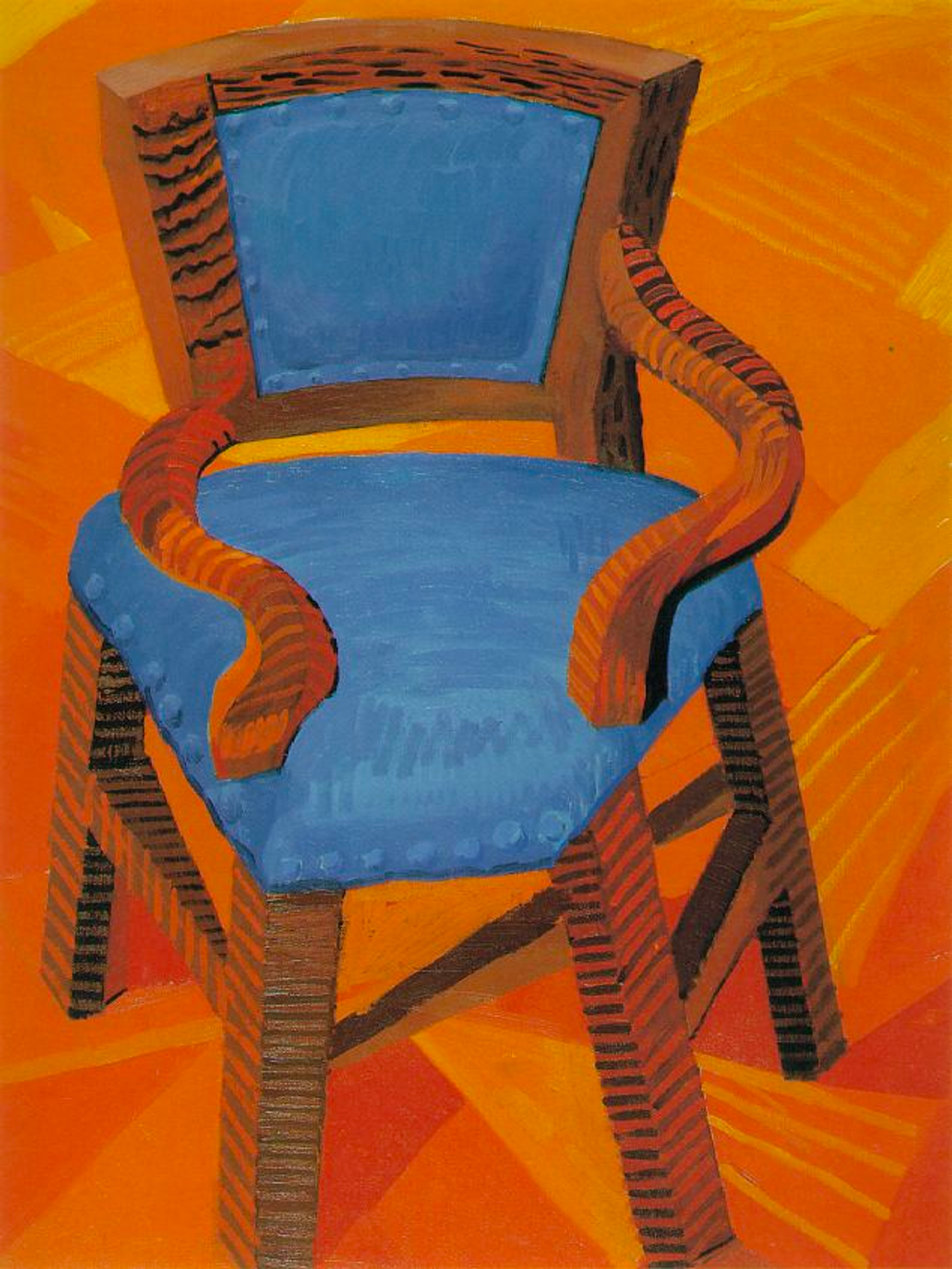 Une chaise avec un coussin bleu et des pieds en bois sur un fond orange vif.