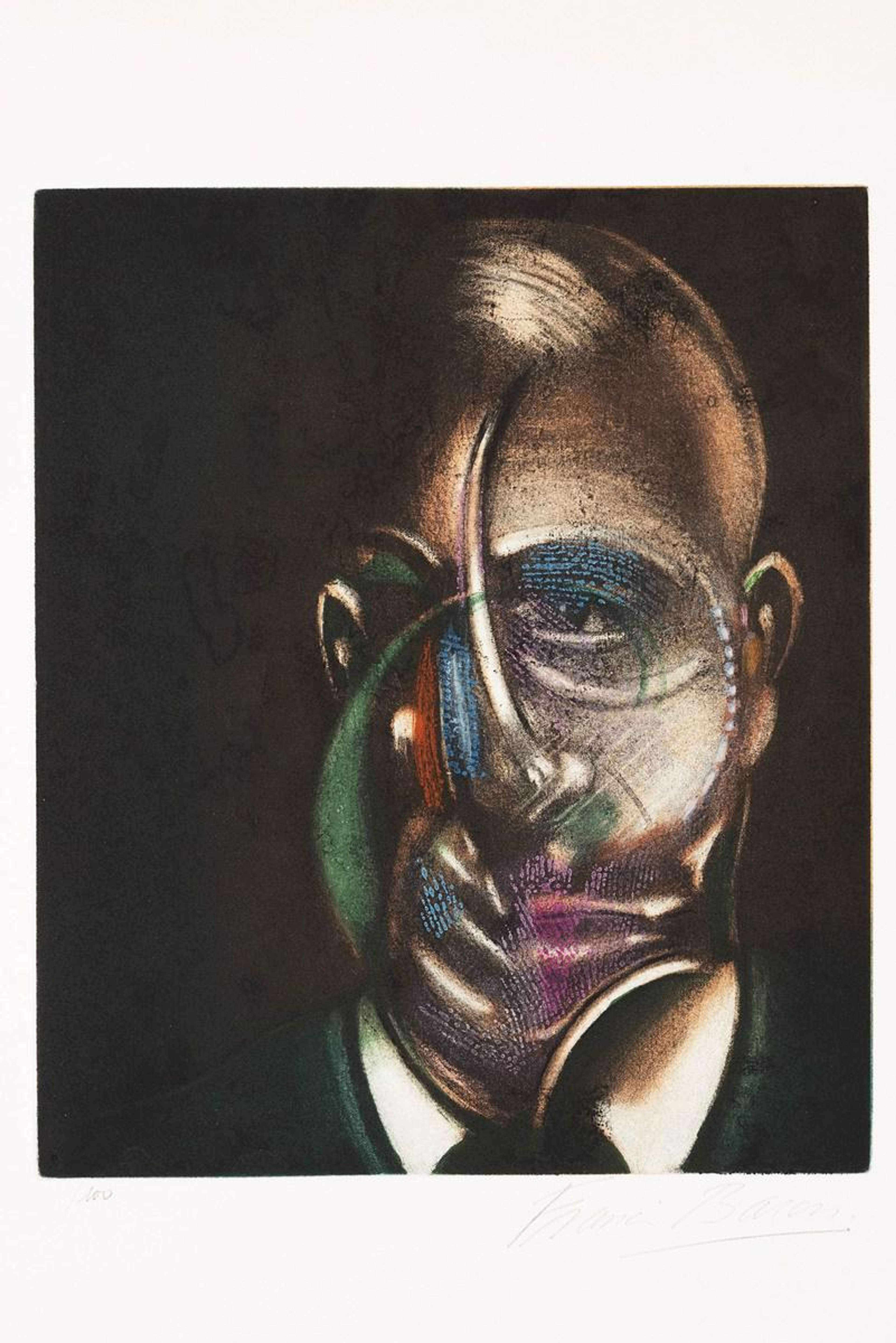 « Portrait Of Michel Leiris » de Francis Bacon. Peinture d'un homme avec des traits de pinceau colorés et abstraits sur son visage