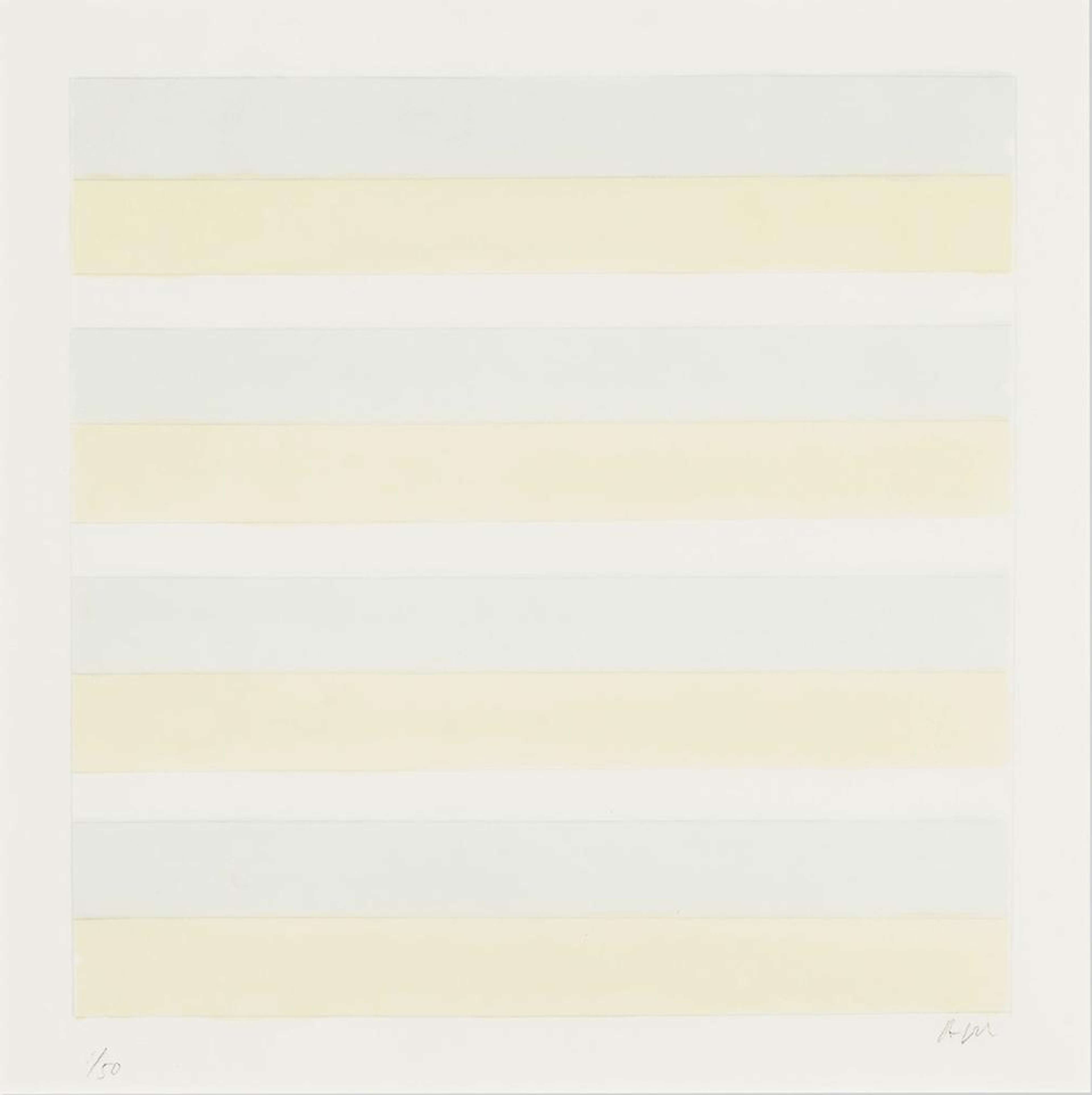 Une estampe lithographique carrée présentant une série de bandes horizontales bleues, jaunes et blanches. Les couleurs sont délavées et rêveuses, presque imperceptibles au premier abord.