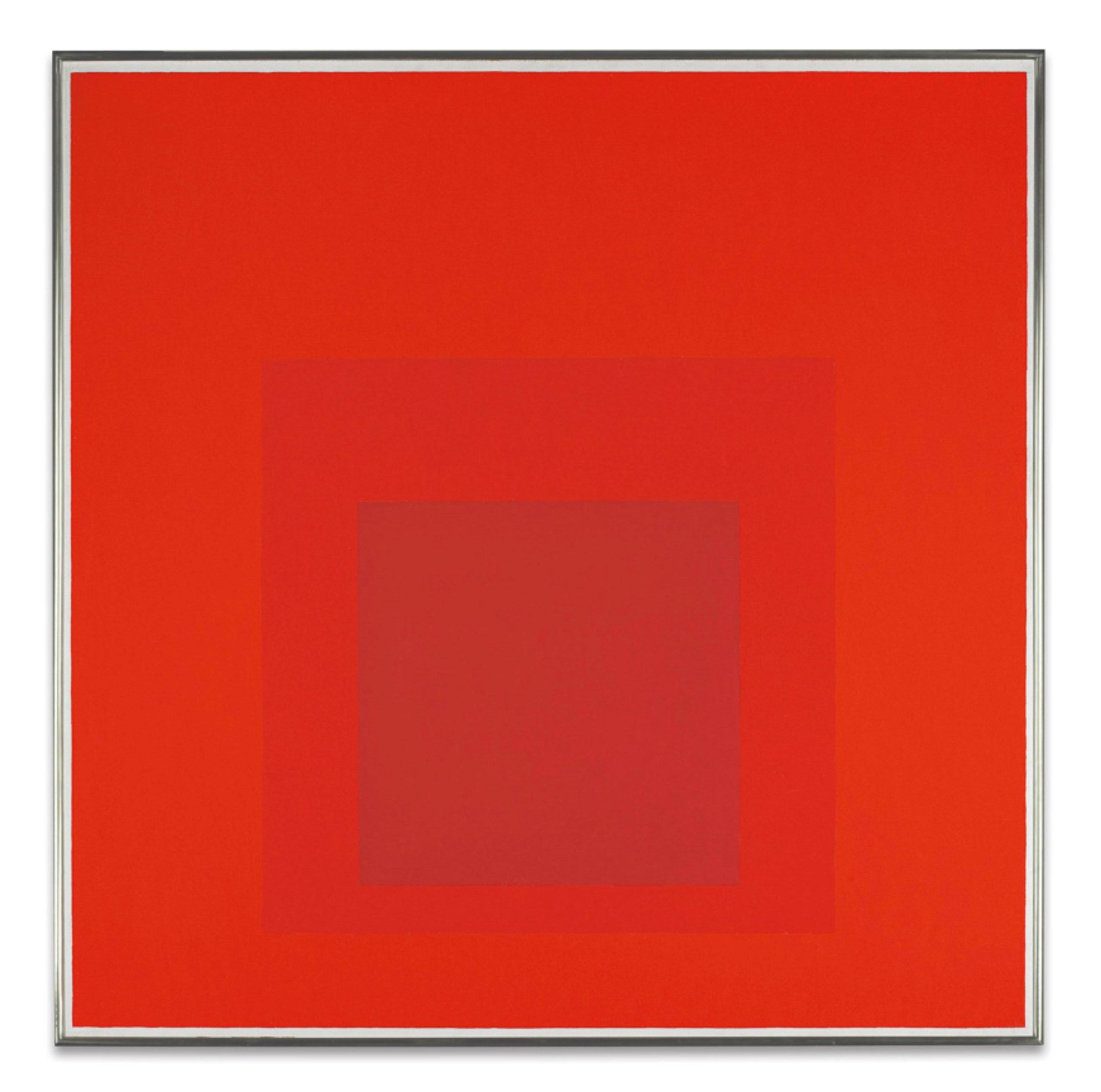 Three nested red squares, getting smaller as they stack and moving slightly towards the bottom. The largest is a bright but light red, then a darker bright red, and the smallest is a darker red still.