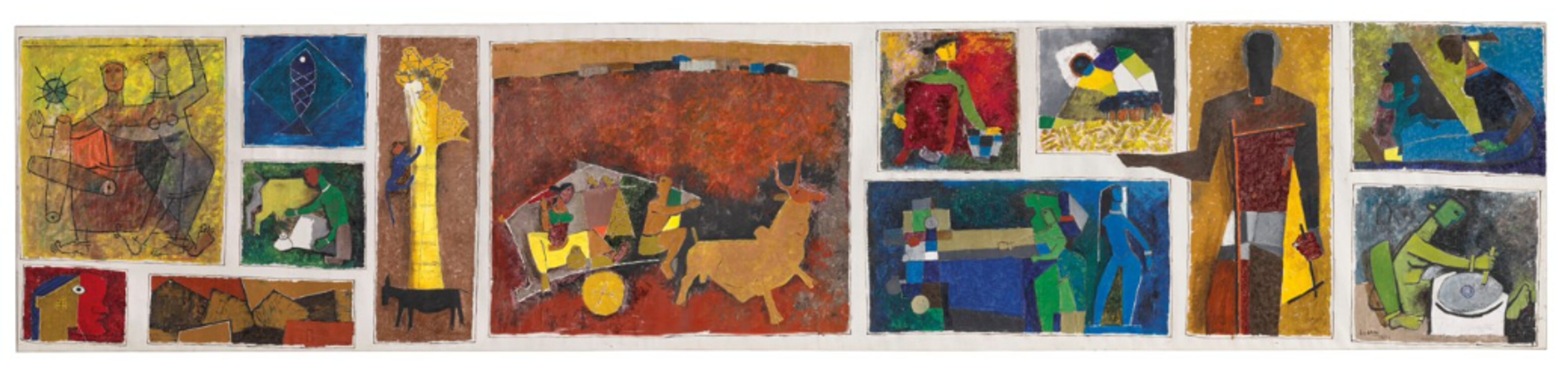 A panoramic horizontal composition featuring 13 vignettes of rural Indian life arranged in sequence. The painting uses vibrant colours and bold, simplified forms to depict agricultural scenes, villagers with ox-drawn carts, and traditional festivities. Figures are rendered in Husain's characteristic semi-abstract style with strong outlines and earthy tones contrasted with brighter colours that create rhythmic movement across the elongated canvas.