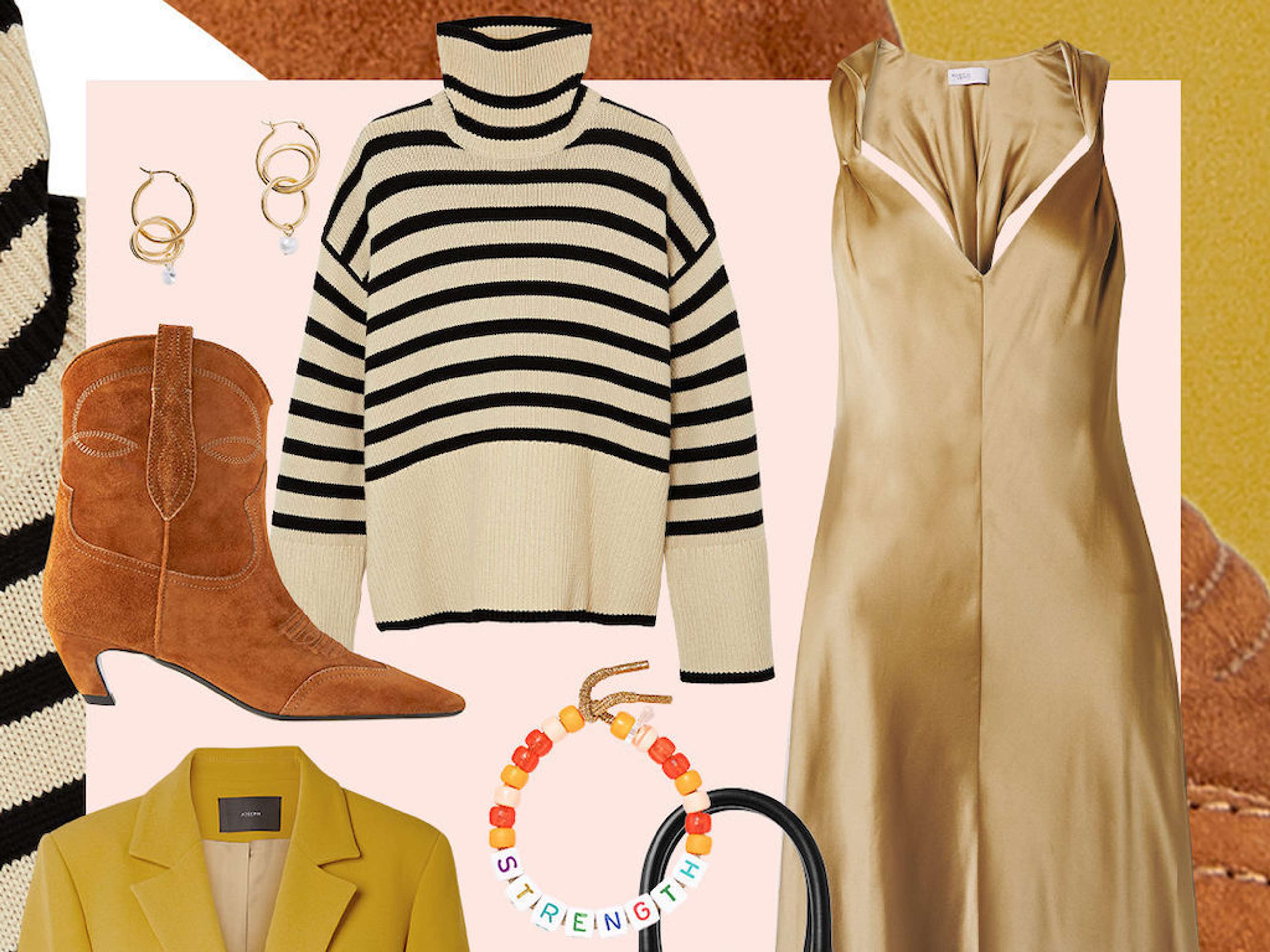 Un collage de nombreux vêtements différents sur un fond coloré. On y trouve des bottes, un pull, un bracelet, une robe, des boucles d'oreilles et un blazer.