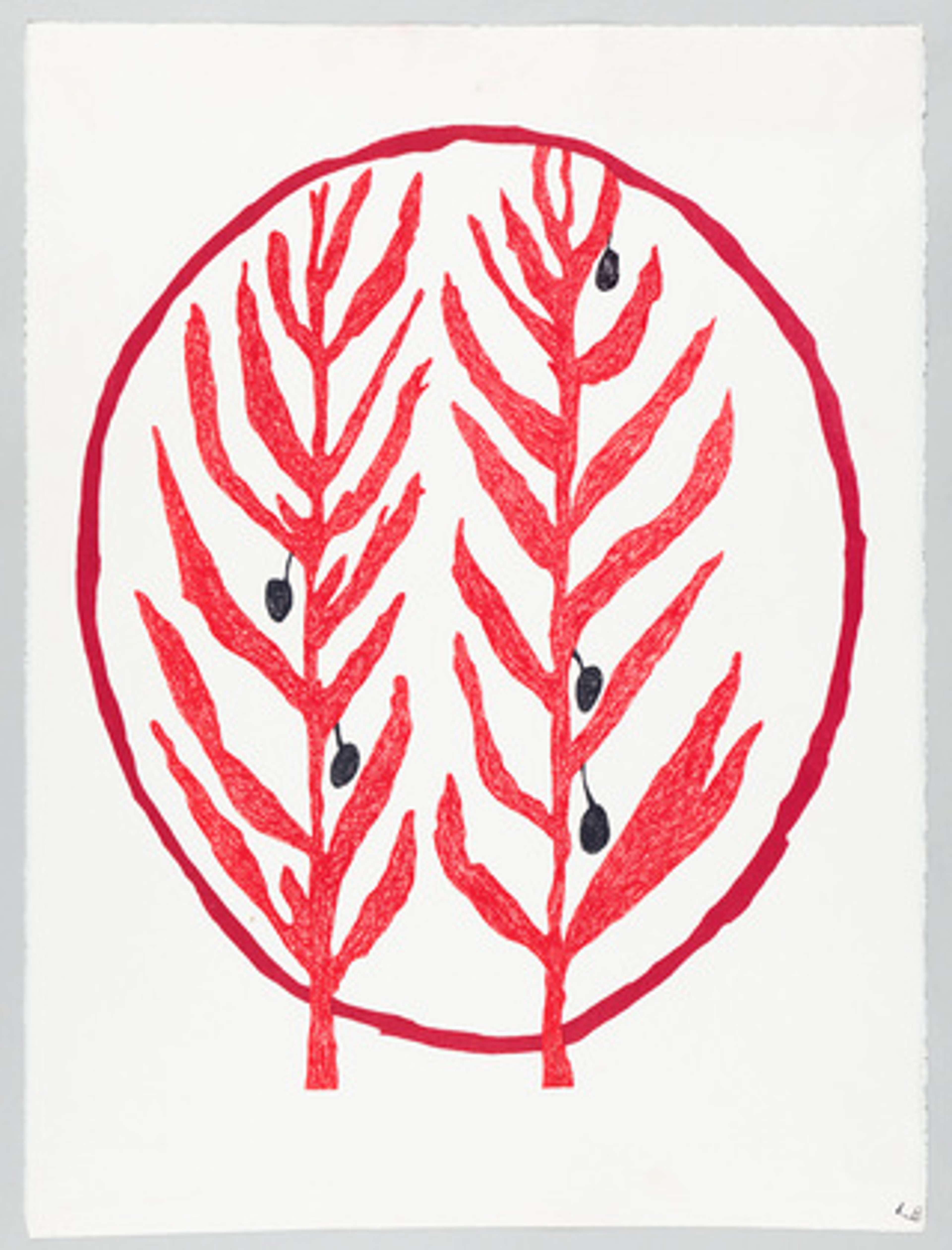 « The Olive Branch » de Louise Bourgeois (2004). L'estampe présente deux branches d'olivier dressées en rouge, sur un ovale rouge. Les olives sont dessinées en noir.