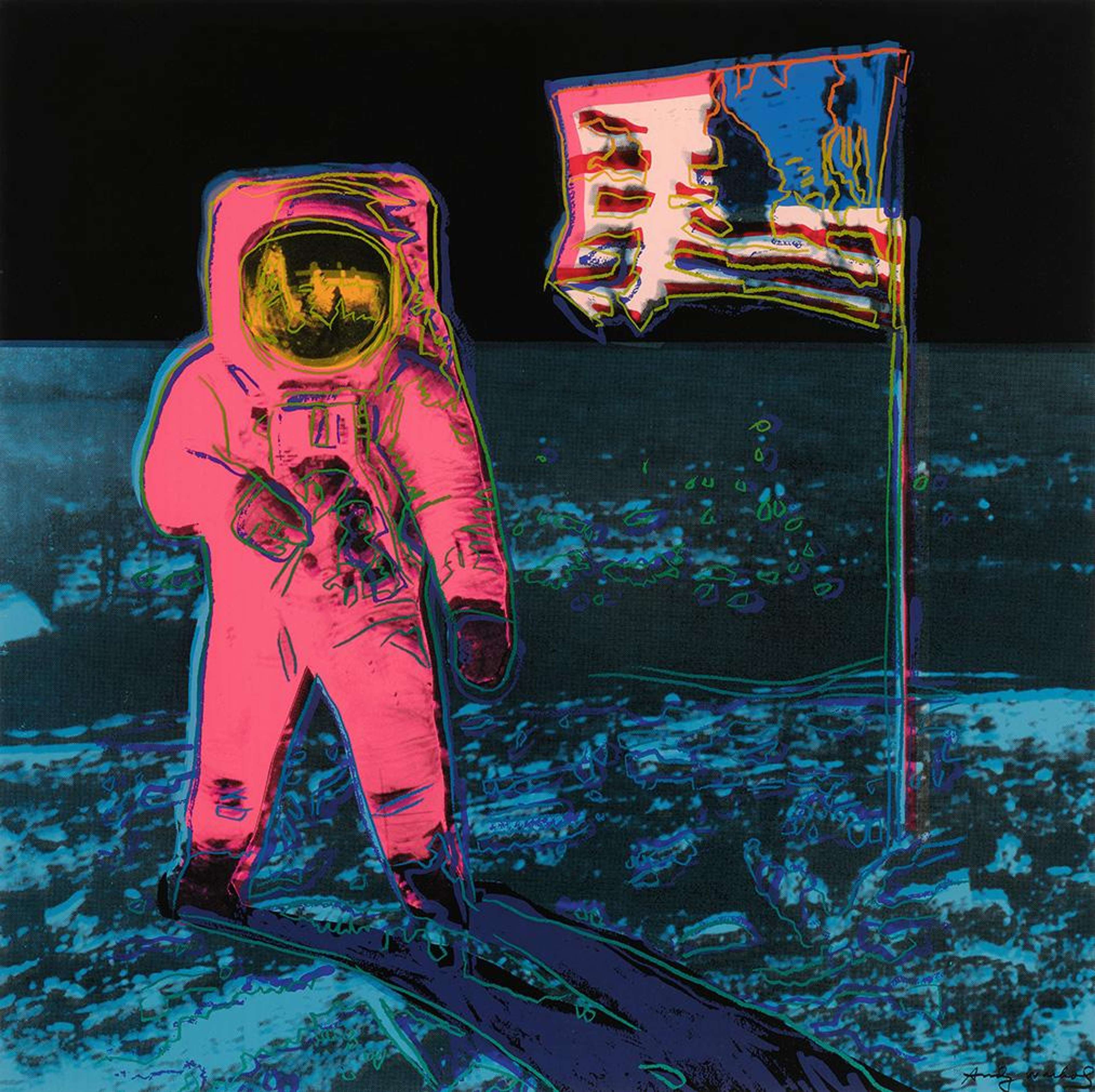 Buzz Aldrin sur la Lune à côté du drapeau américain, mis en valeur par des touches de rose vif, de jaune et de bleu par Andy Warhol.