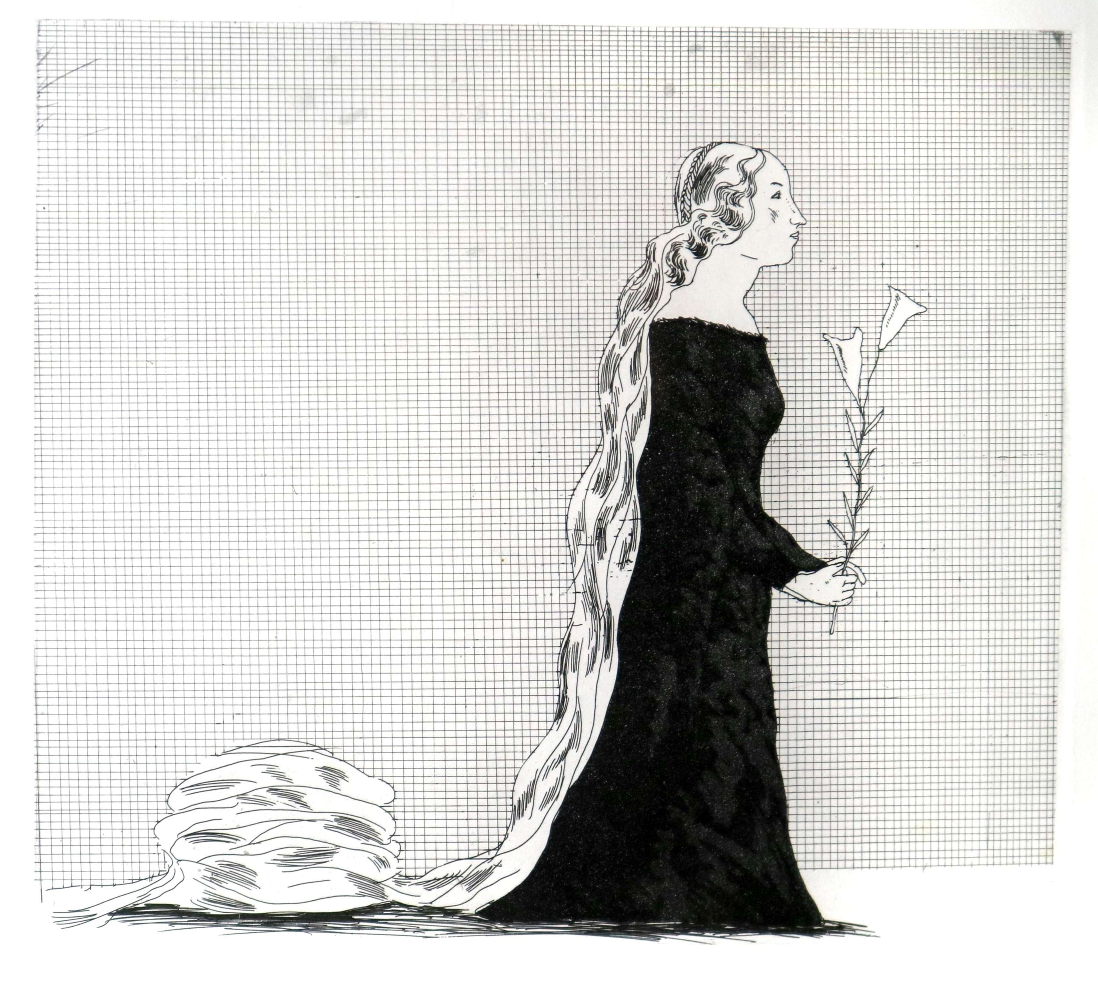 A women with very long hair holding a flower, and turned so that we only see her profile