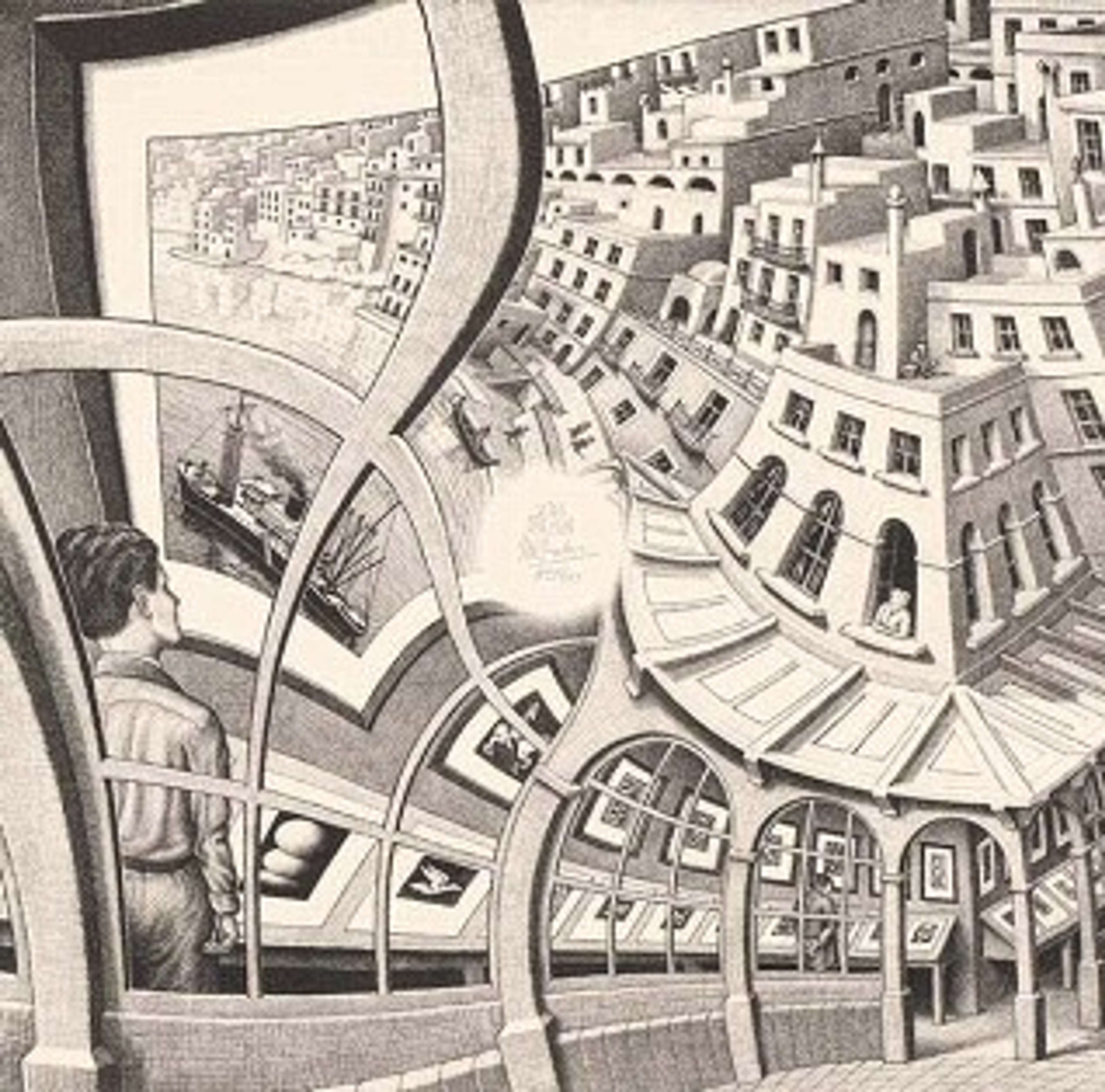 Galerie d'estampes de M. C. Escher. L'estampe représente une perspective déformée d'une galerie où sont accrochés des tableaux.