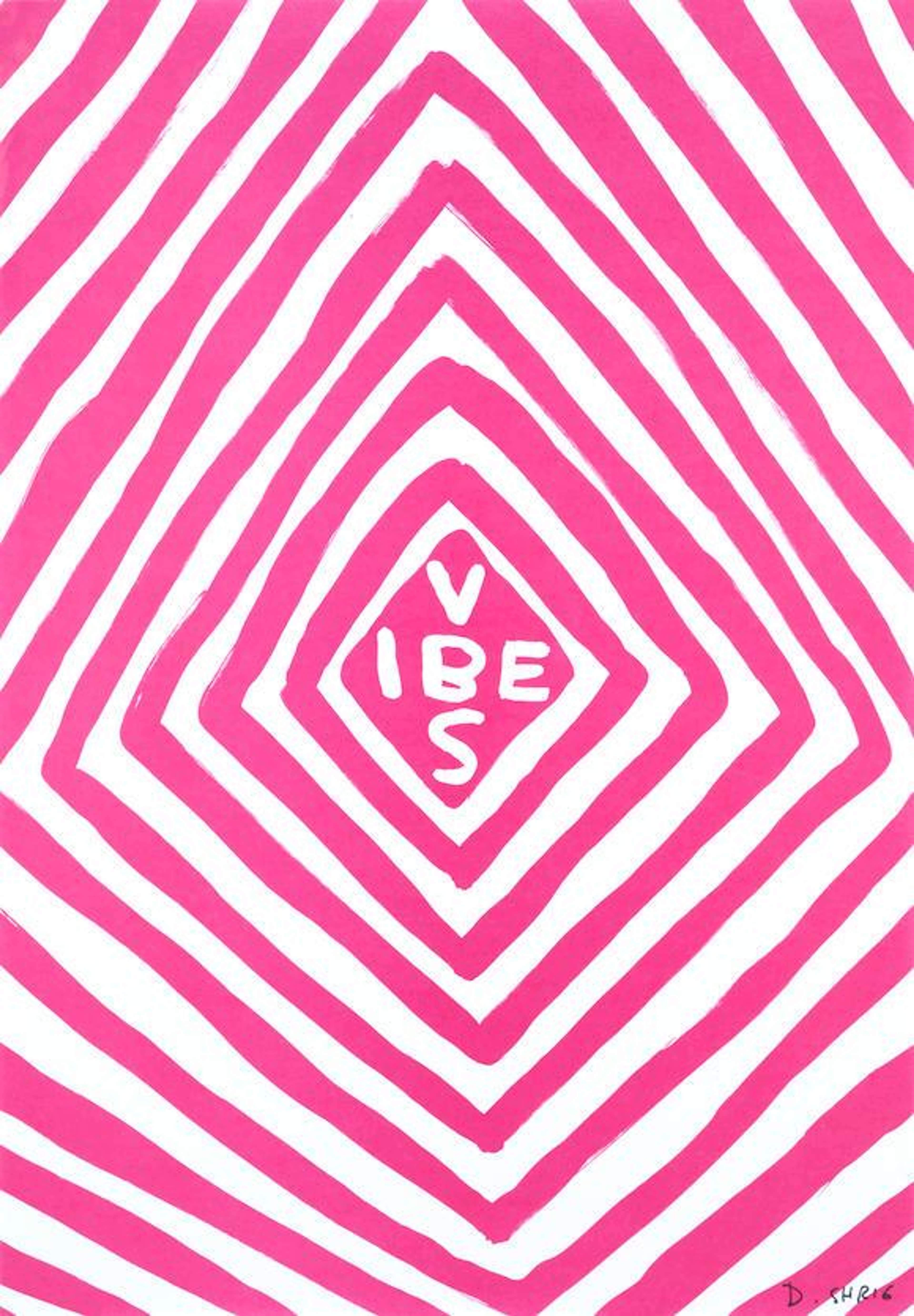 Une série de lignes roses en forme de losange entourant de près le mot « VIBES », par l'artiste David Shrigley.
