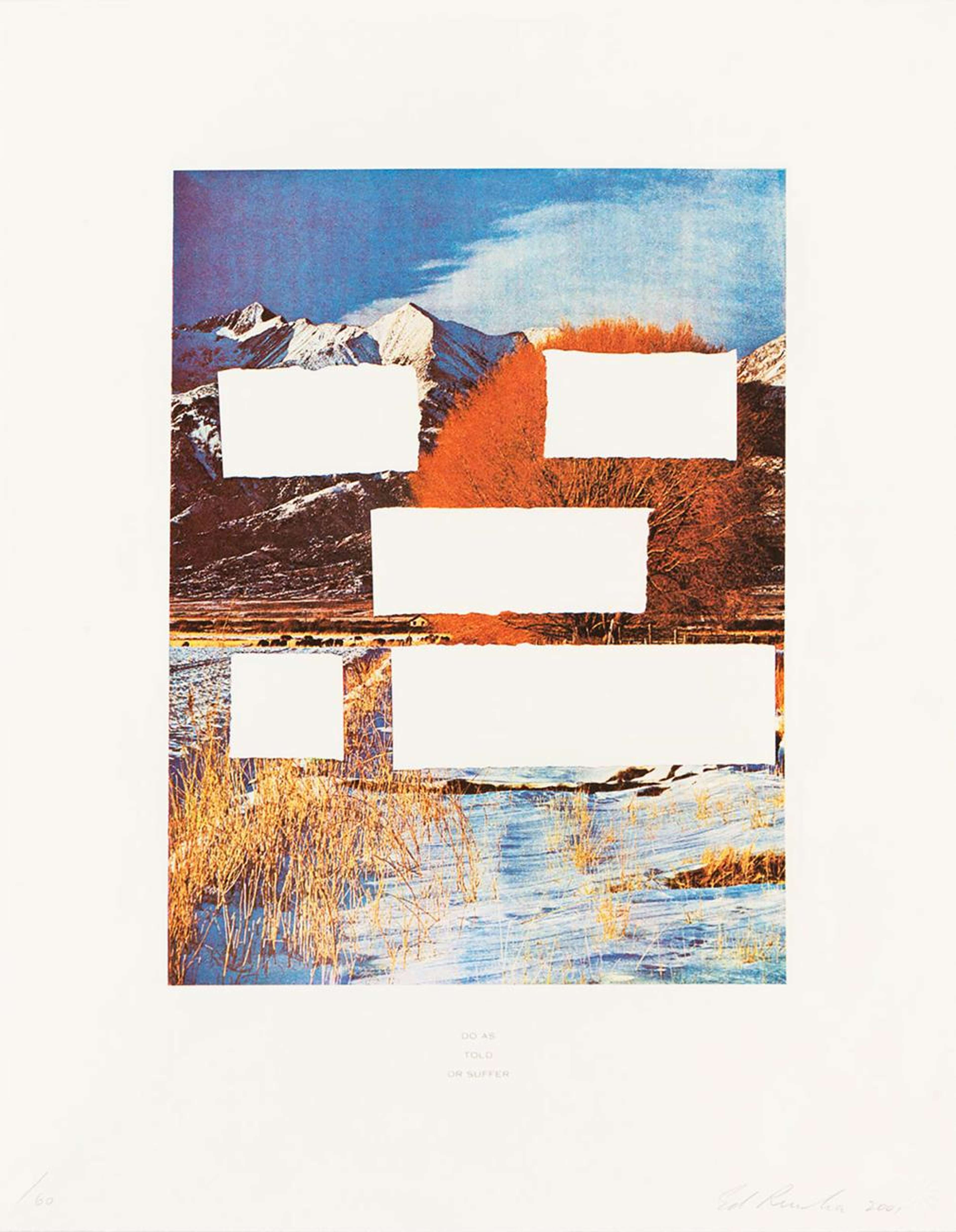 An Ed Ruscha screenprint with white blocks over a mountain landscape at dusk.