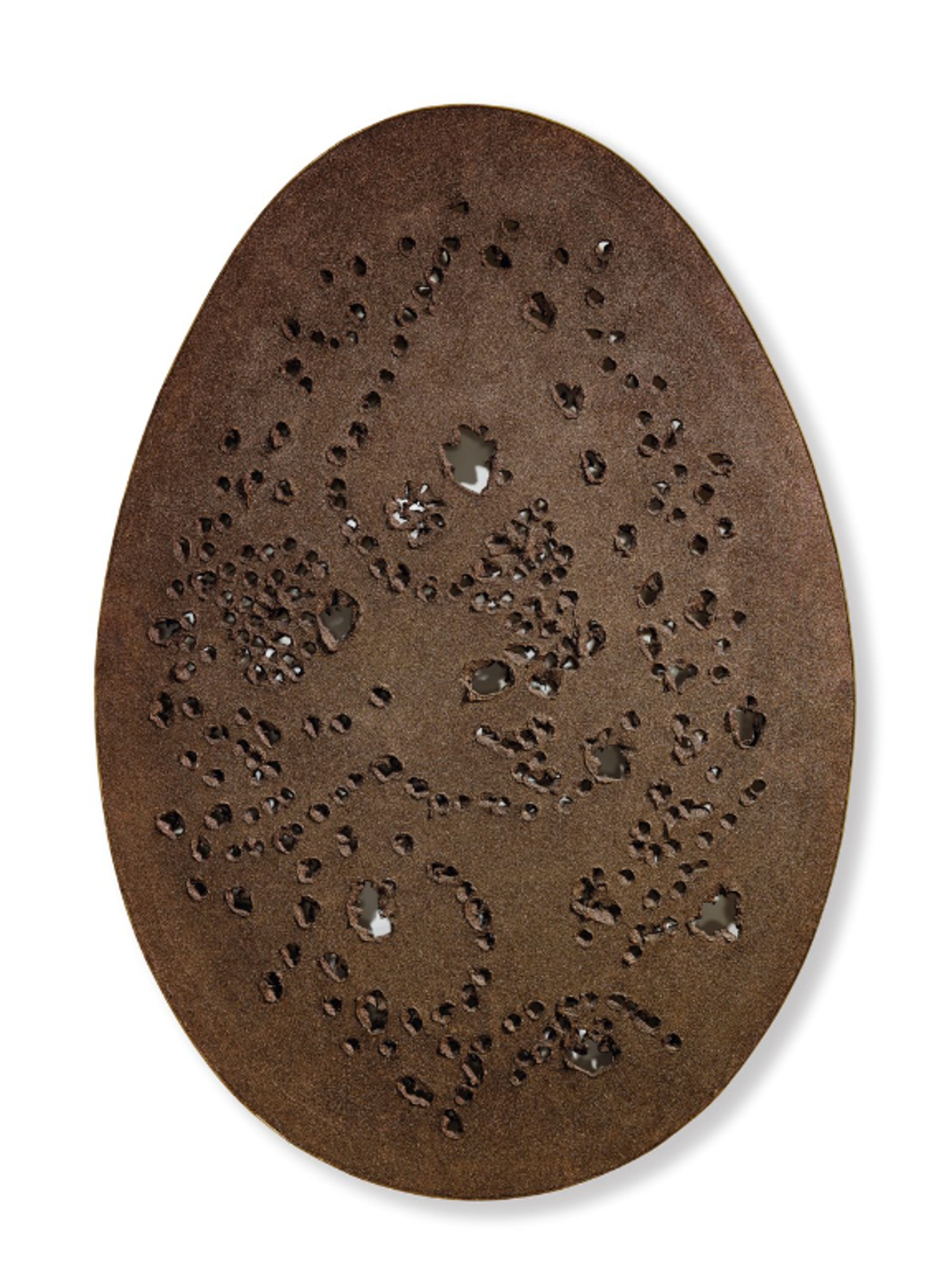 A white egg-shaped canvas with small and medium-sized perforations clustered in its upper half. The perforations get larger and sparser towards the middle and lower half.