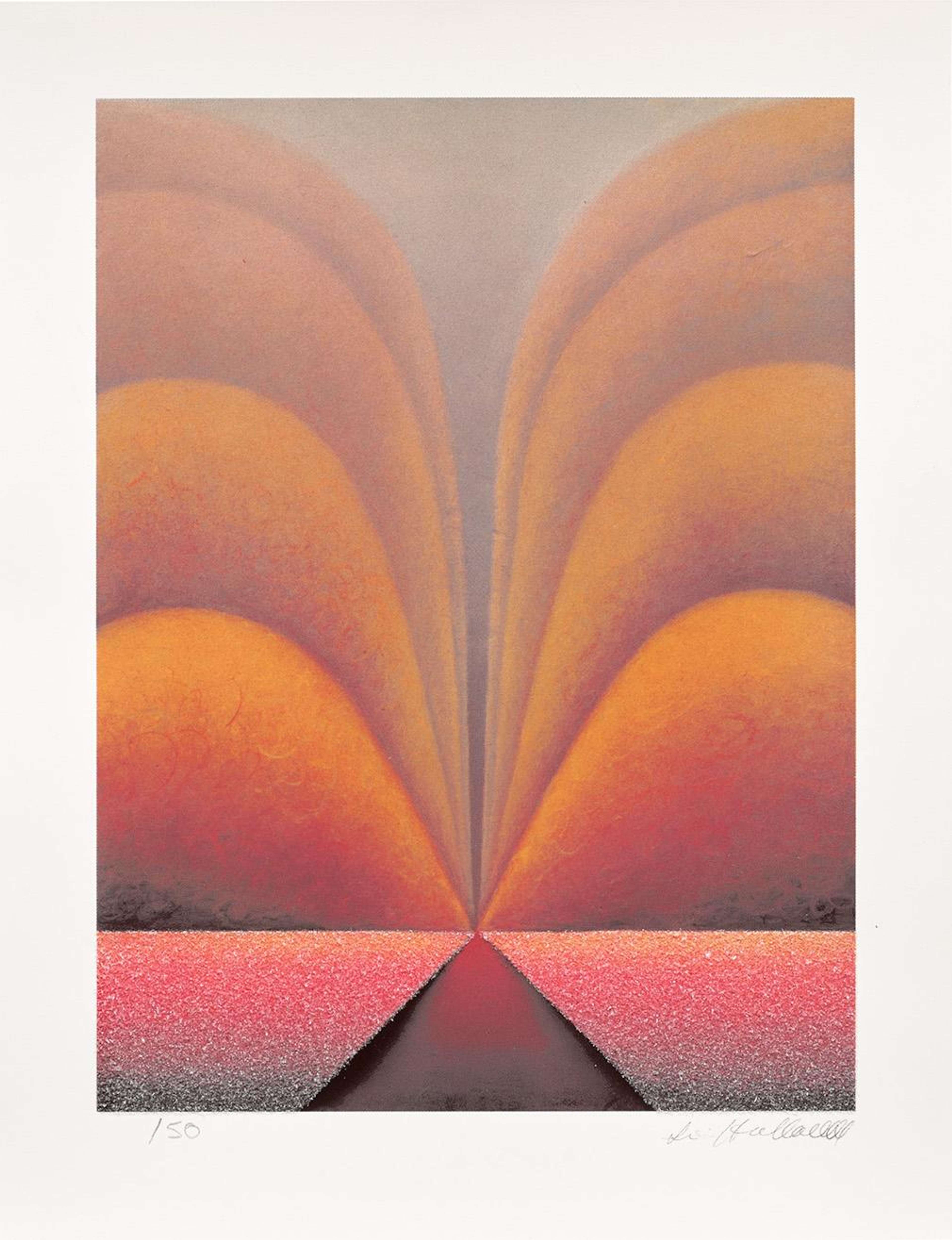 Une estampe signée de « Red Earth » de Loie Hollowell, présentant un motif abstrait aux tons chauds et riches de rouge, d'orange et de rose. La composition intègre des formes superposées et une forme ovale centrale, évoquant des thèmes organiques et corporels.