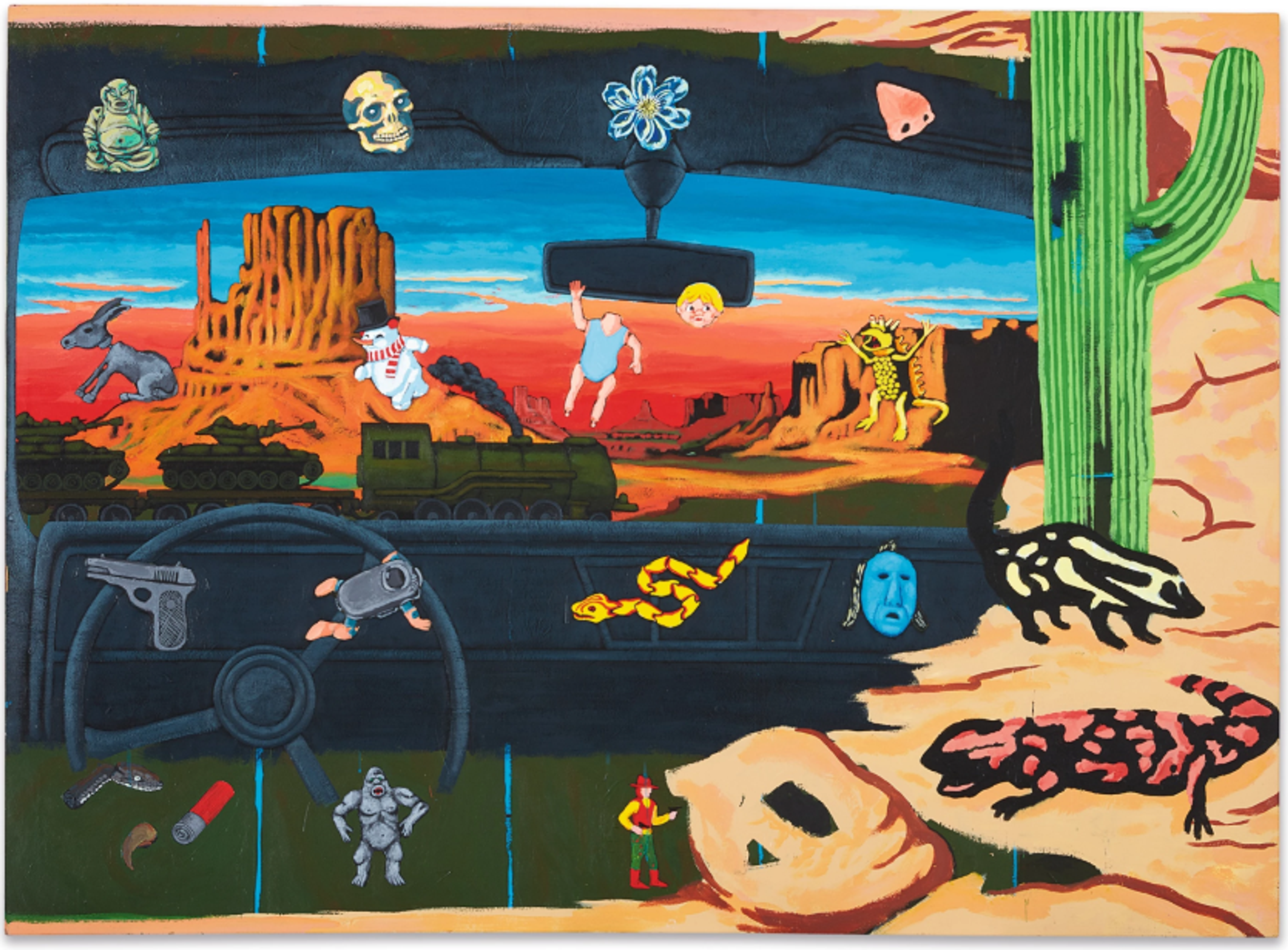 A surreal desert scene, appearing to be half inside the cab of a truck and half outside. The scene is littered with lizards, snakes, cacti, guns, flowers, and other objects, including a small jade Buddha.